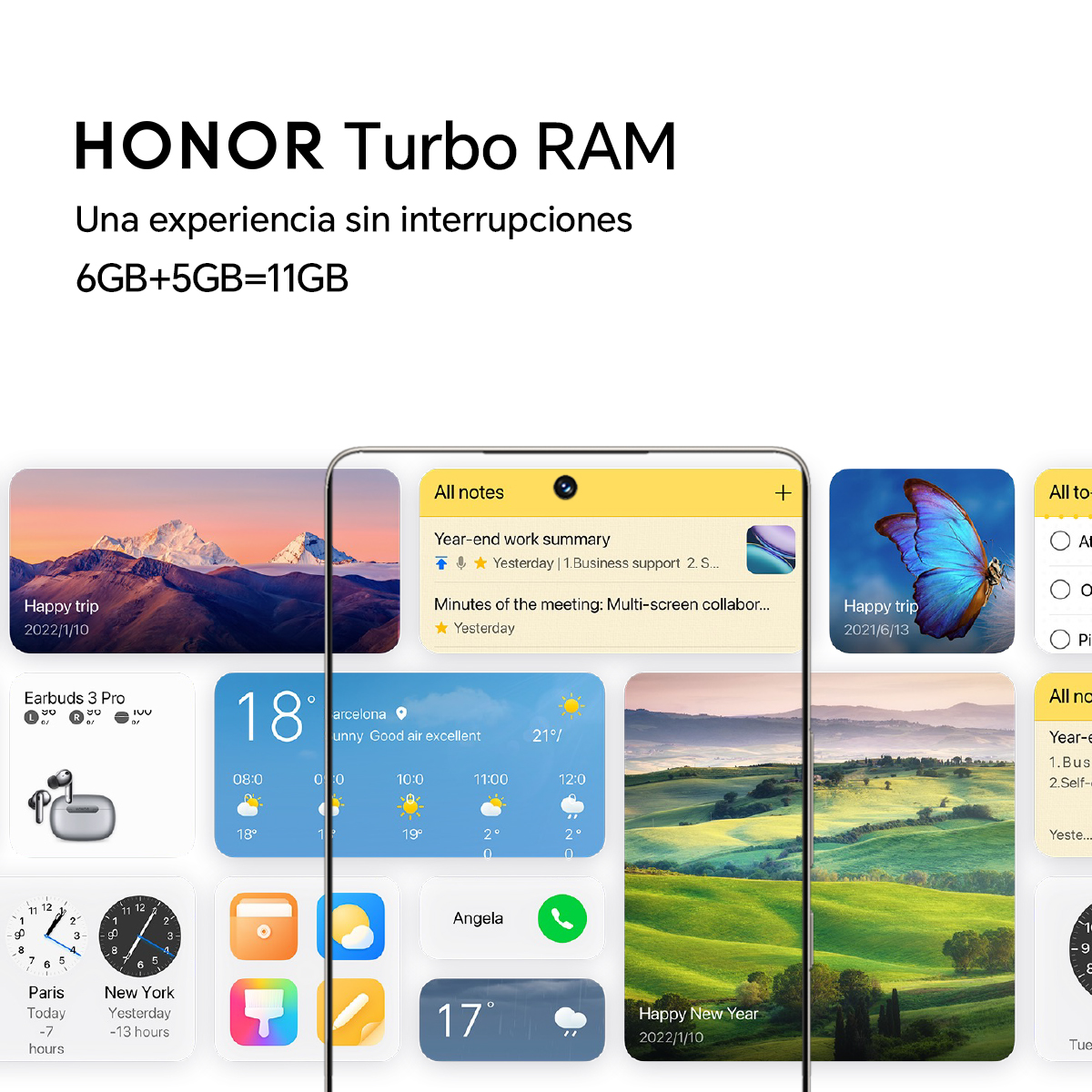 Ekran smartfona pokazuje ikony aplikacji, informacje o pogodzie i podsumowania wydarzeń. Tekst: HONOR Turbo RAM.