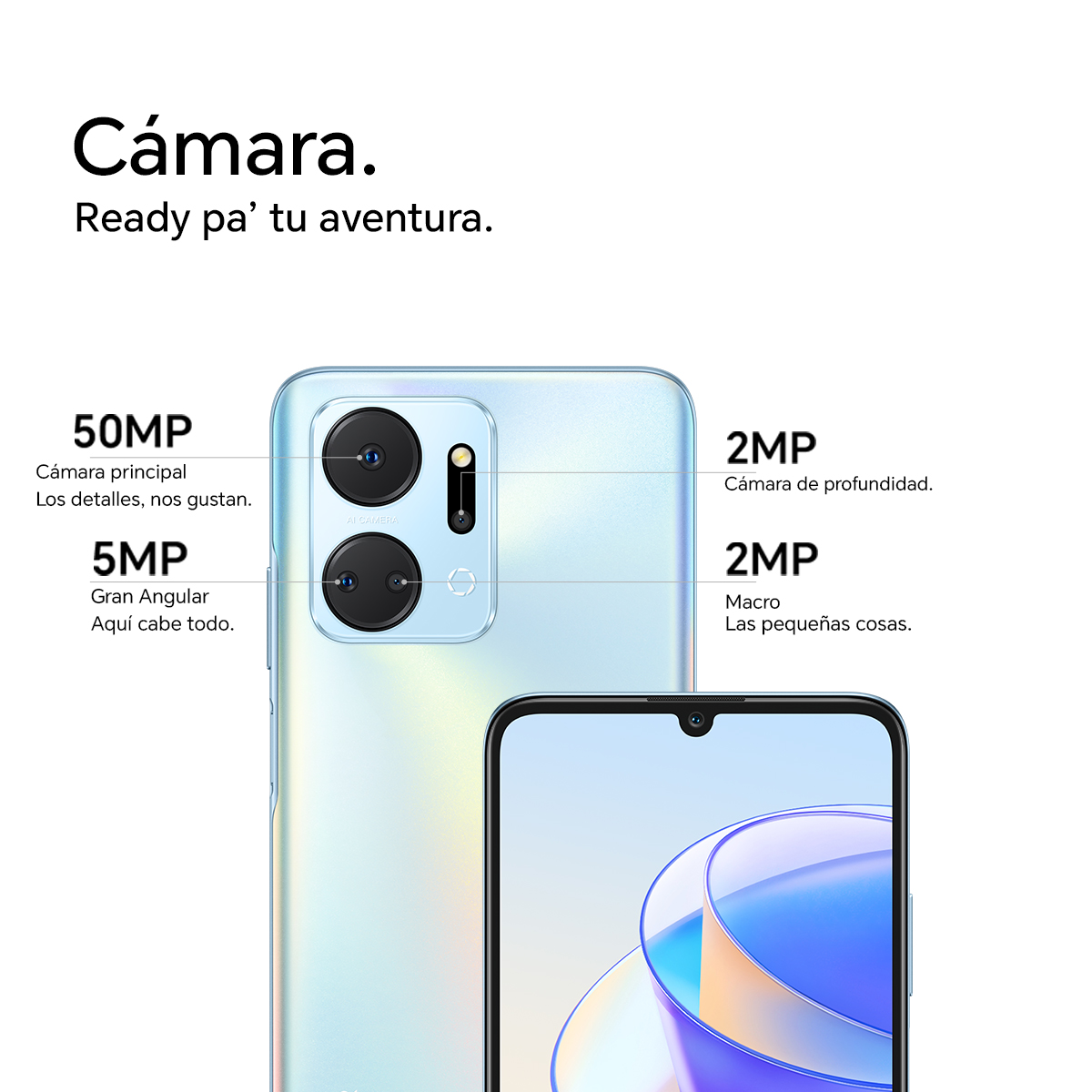 Smartfon ze szczegółami aparatu, niebieskie tło i tekst po hiszpańsku.