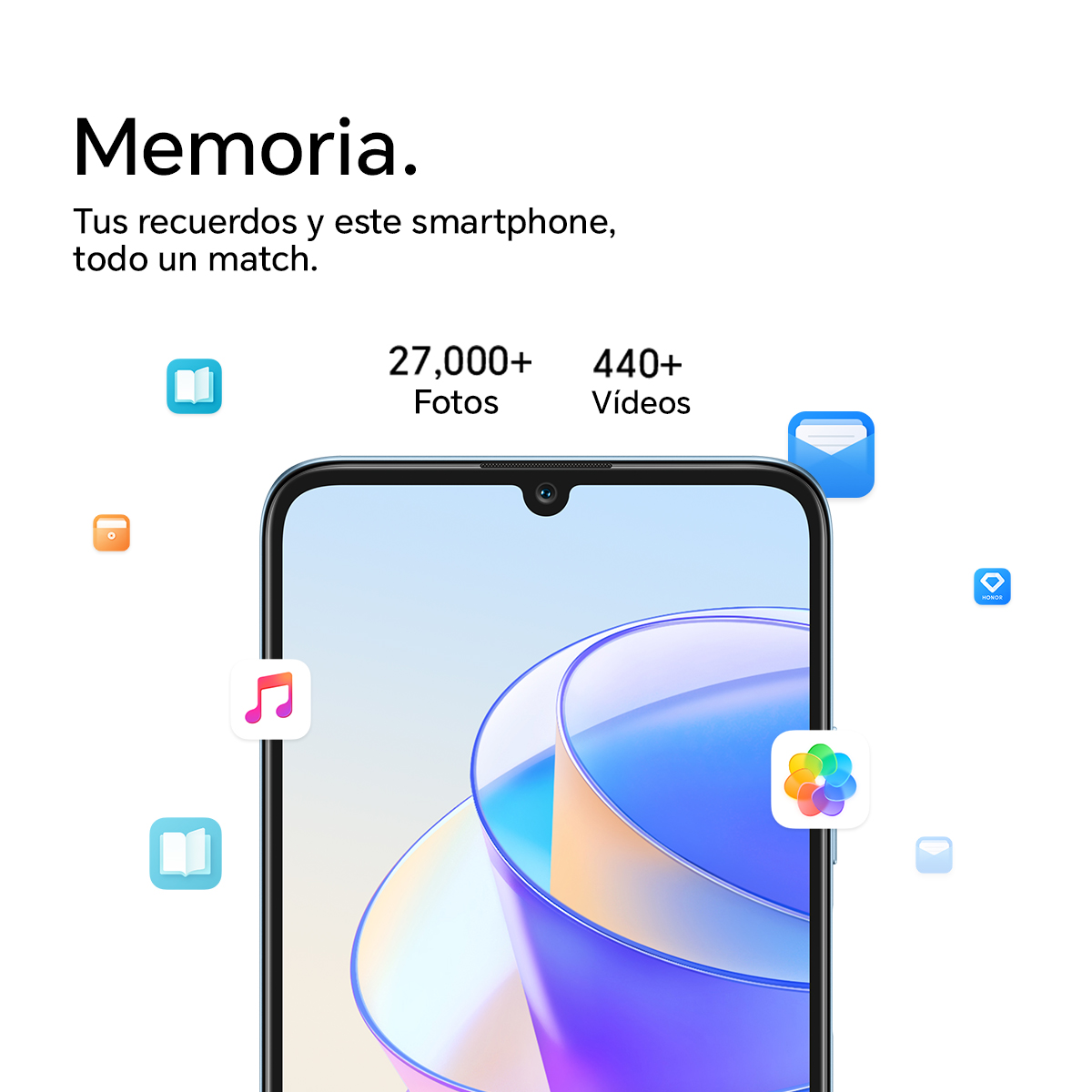 Smartfon otoczony ikonami aplikacji, pokazujący zdjęcia i filmy. Tekst mówi: 'Pamięć'.