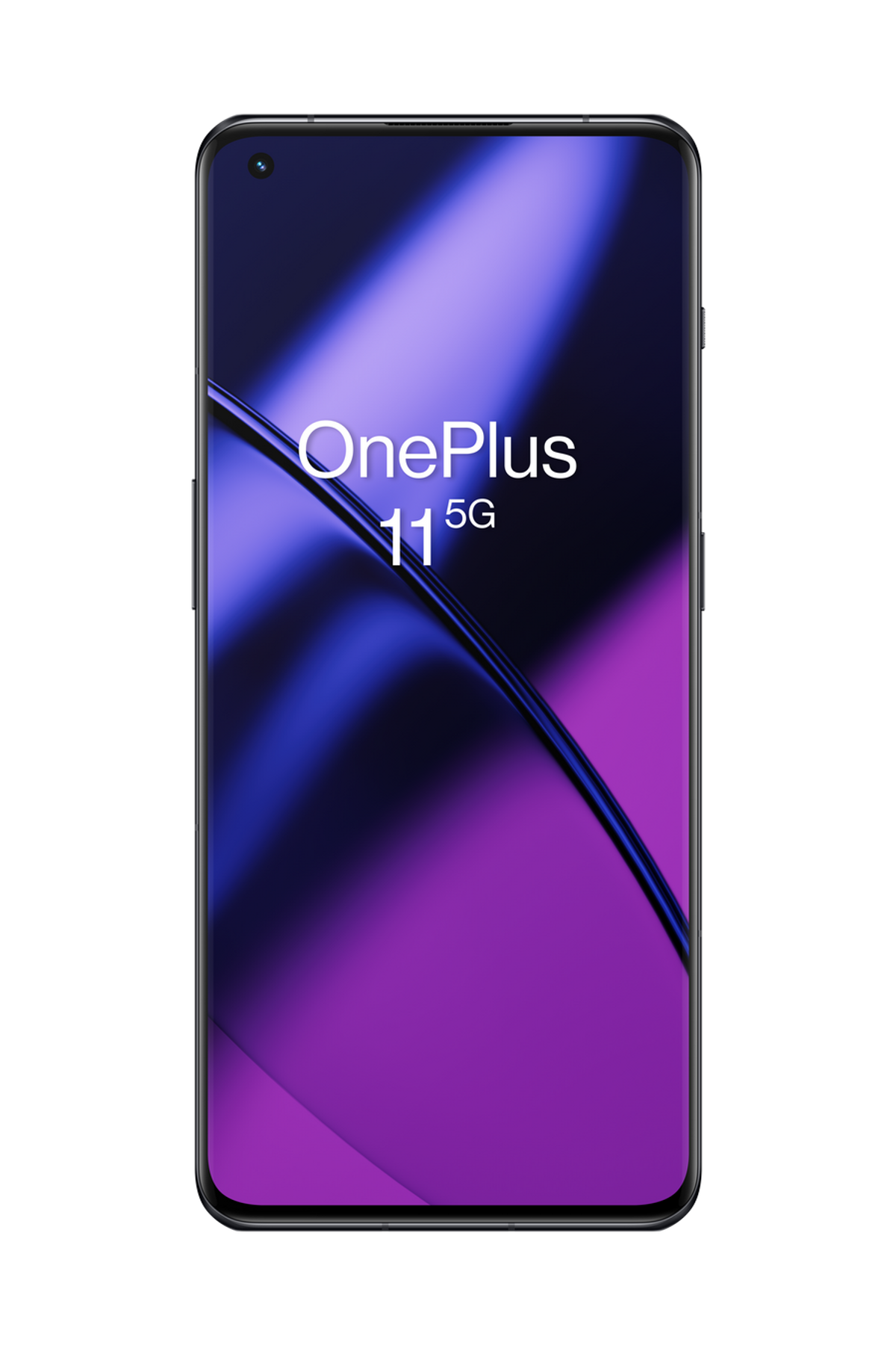 OnePlus 11 5G smartphone in black, with a purple gradient background on the display, black border.
