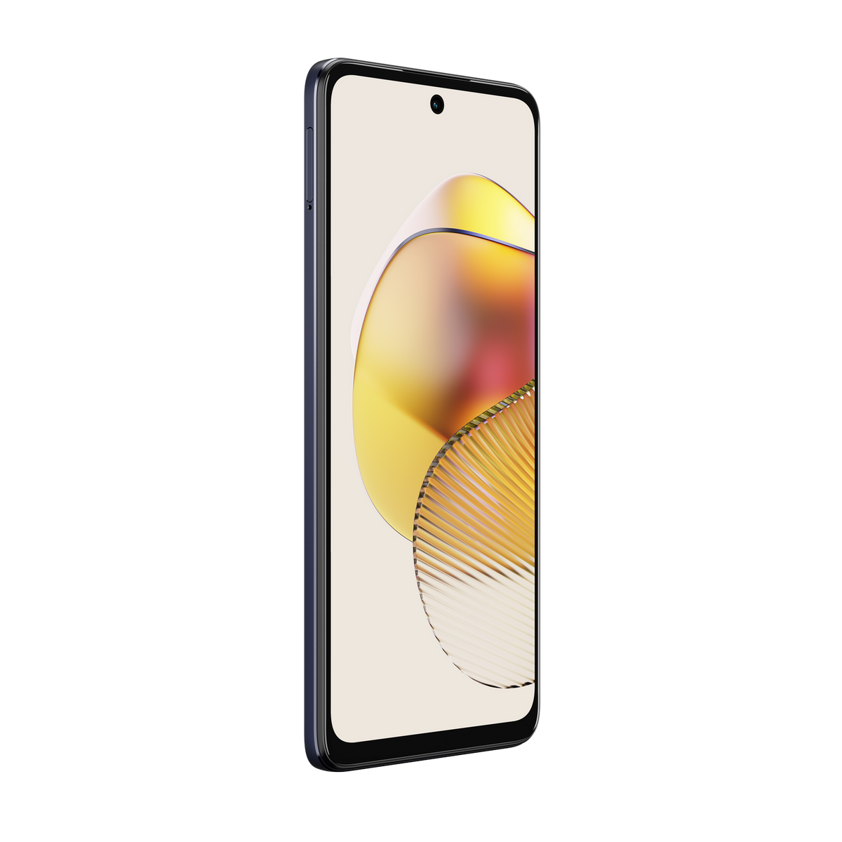 Smartfon w profilu, pokazujący ekran z kolorowym abstrakcyjnym tłem. Czarne tło.