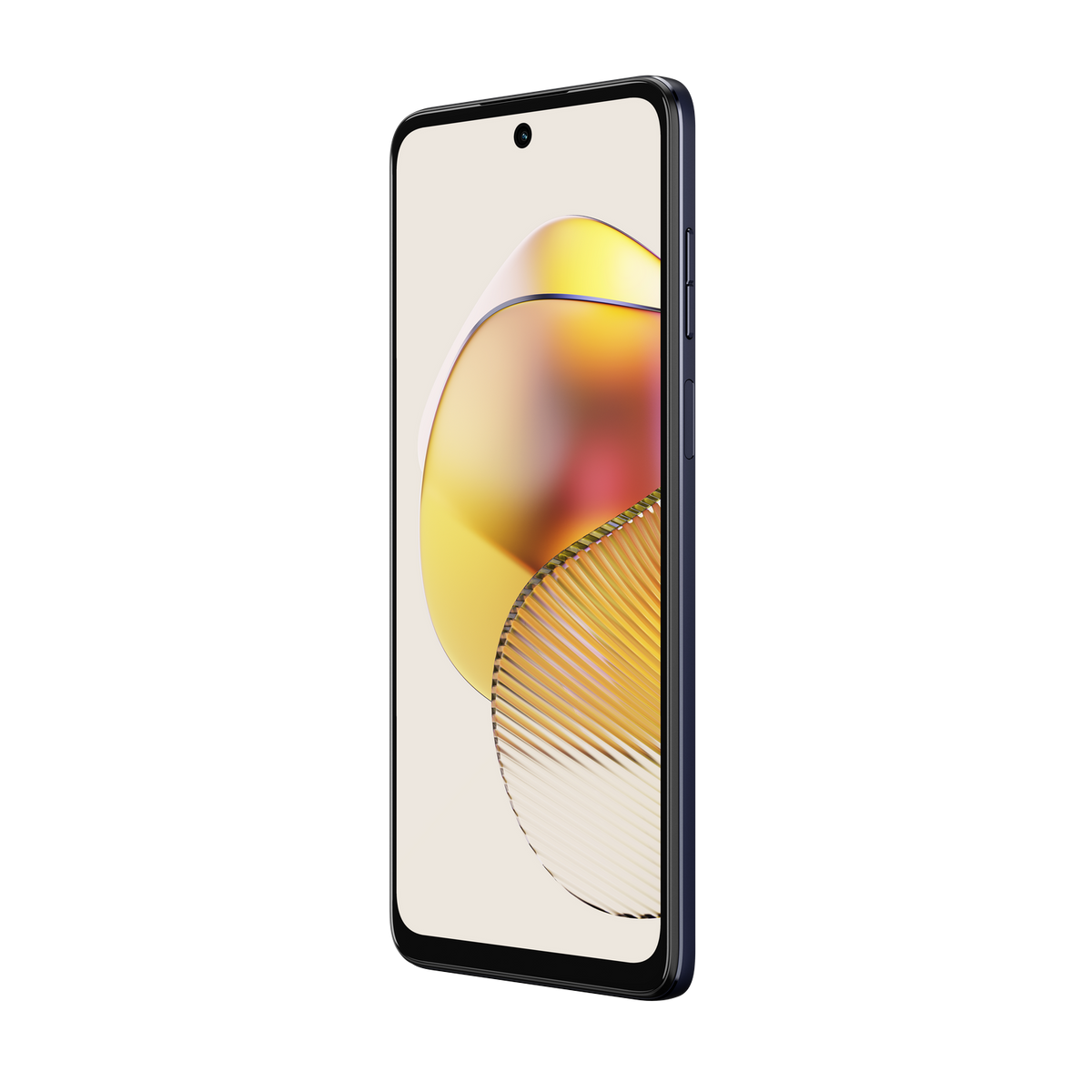 Smartfon z zakrzywionym wyświetlaczem, pod kątem, pokazujący kolorową tapetę na czarnym tle.