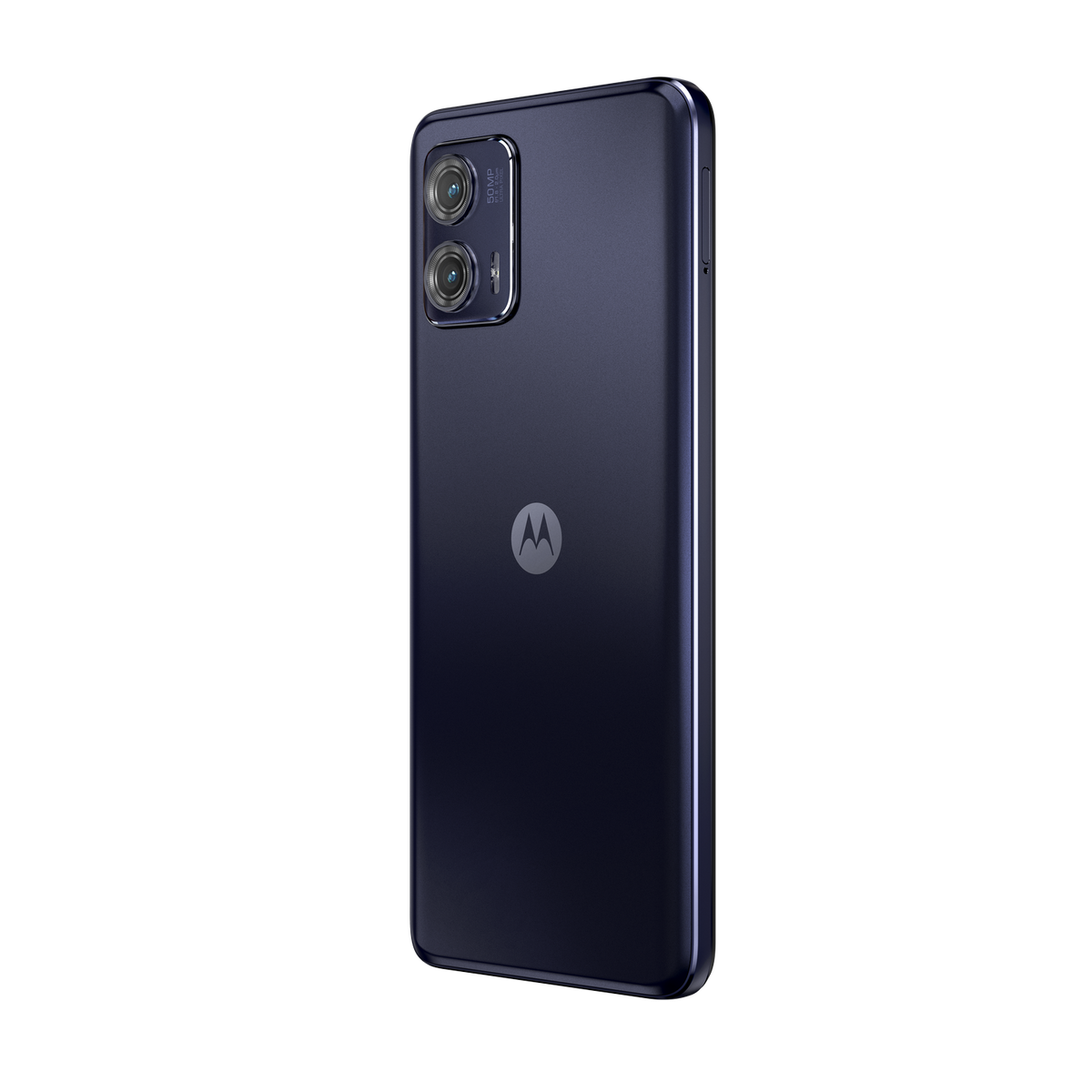 Ciemnoniebieski telefon Motorola z dwoma tylnymi aparatami i logo.