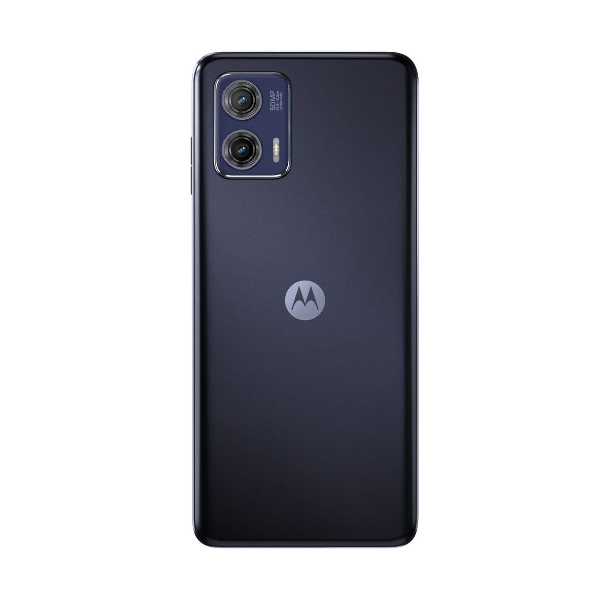 Tył granatowego smartfona z podwójnym aparatem i logo Motorola.