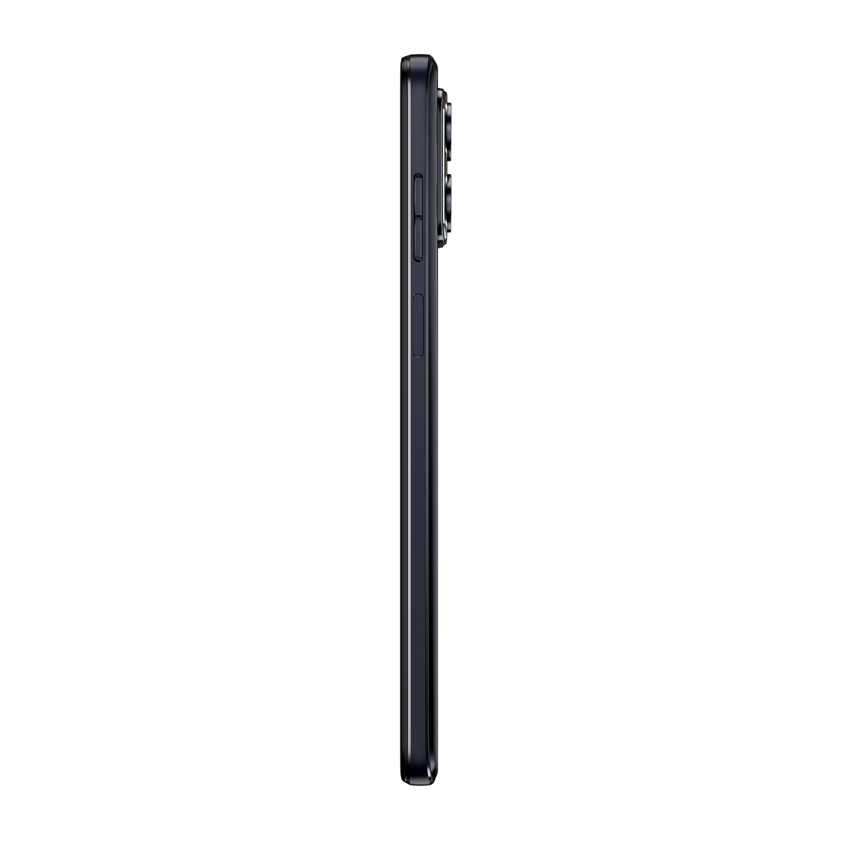 Widok z boku czarnego smartfona. Bok pokazuje przyciski i moduł kamery.