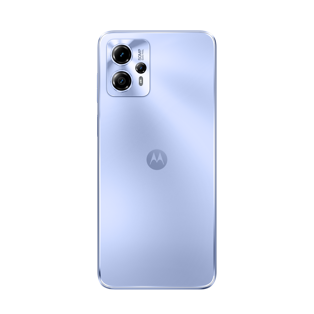 Jasnoniebieski tył telefonu Motorola z dwoma aparatami i logo Motorola.
