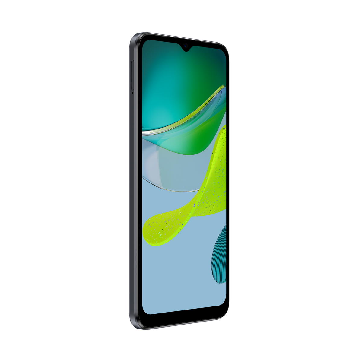 Smartfon z wyświetlaczem w kolorze zieleni i turkusu. Telefon czarny, z potrójnym aparatem.