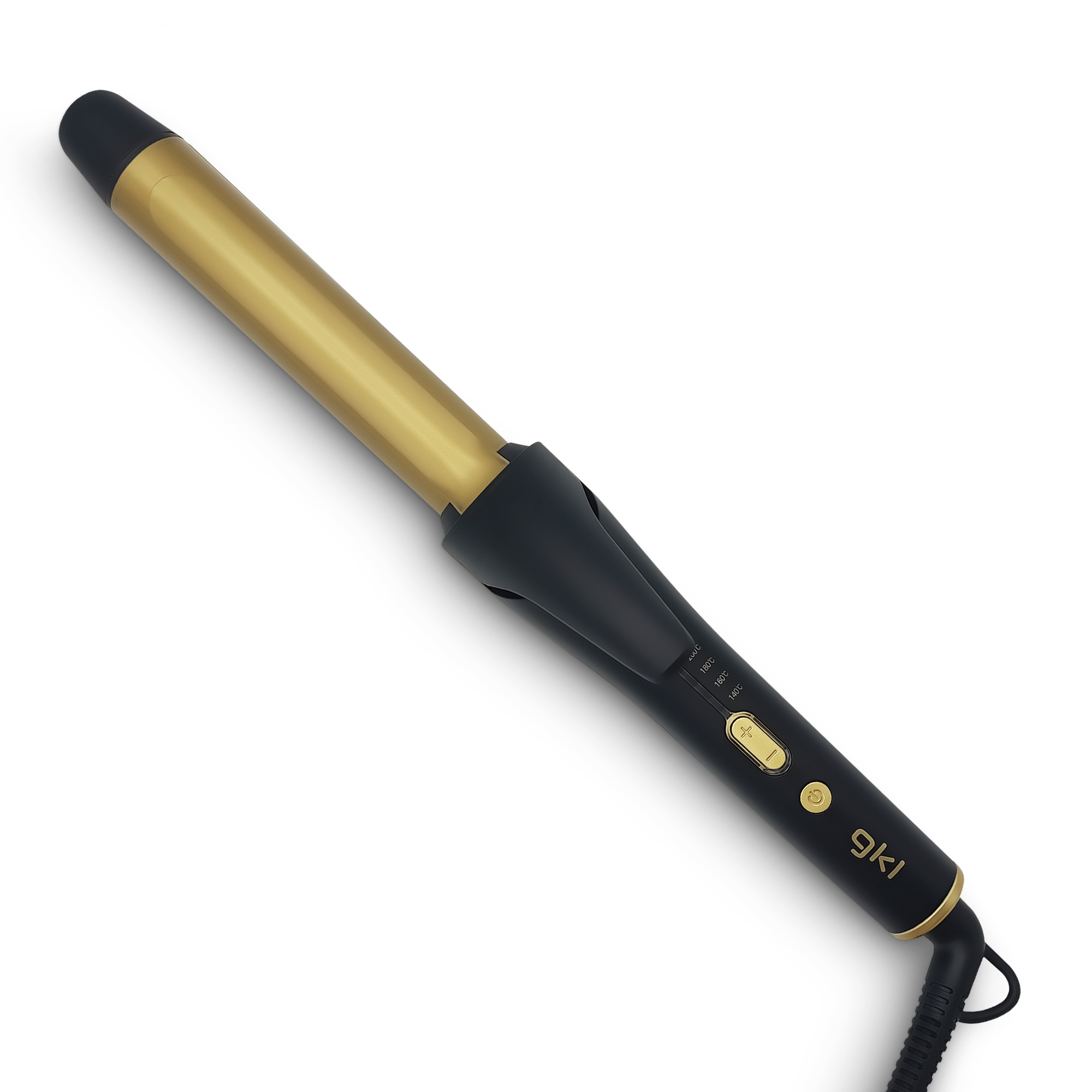 Rizador negro y dorado sobre fondo blanco. Cable de alimentación e interruptor visibles.