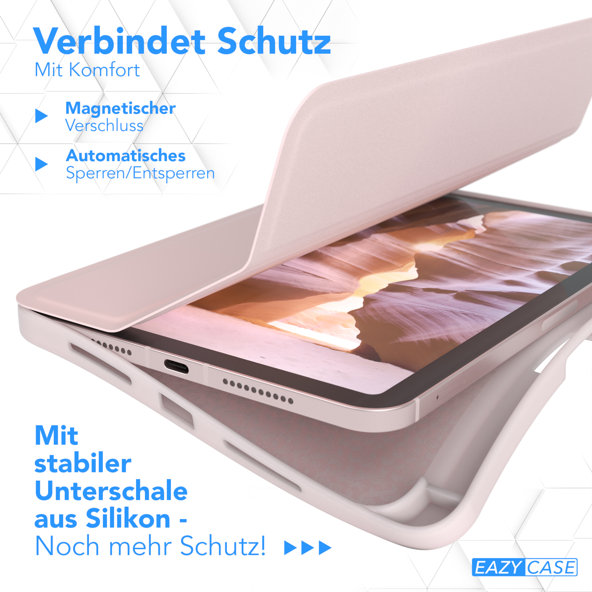 Tablet in einem rosa Gehäuse, das den Bildschirm zeigt.