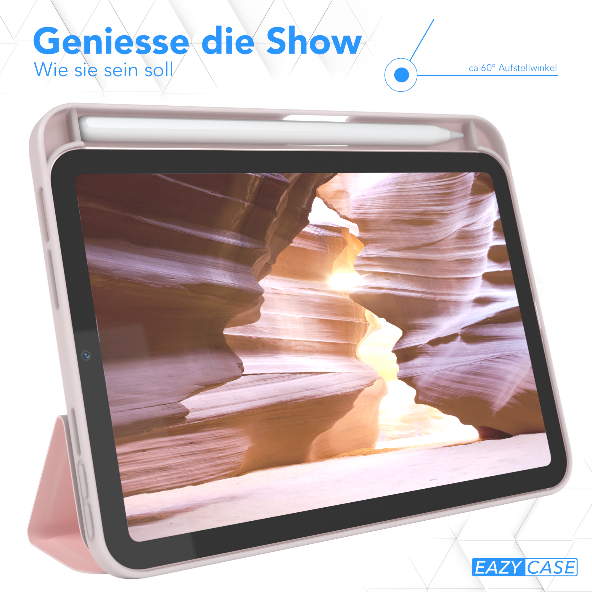 Ein Tablet in einem rosa Gehäuse mit Stift, das eine Canyonszene zeigt.