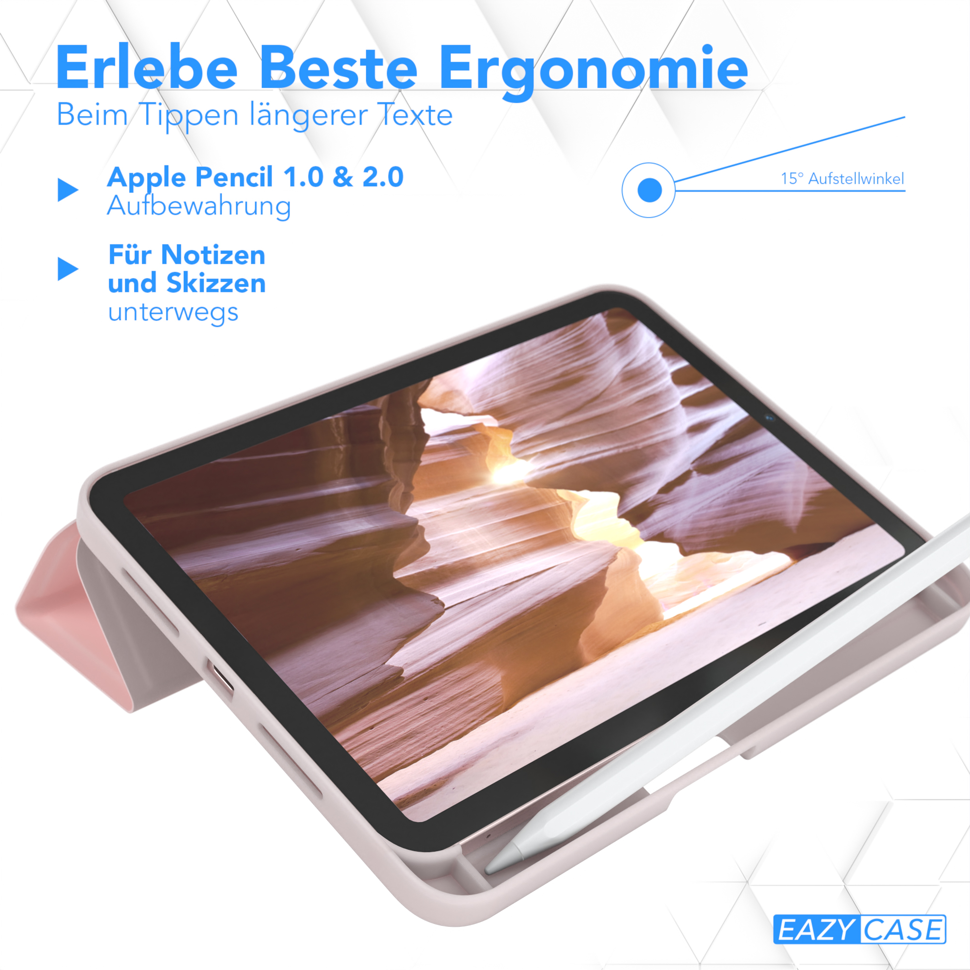 iPad auf einem rosa Case mit Apple Pencil, Text: Beste Ergonomie, Apple Pencil 1.0 & 2.0 Aufbewahrung.