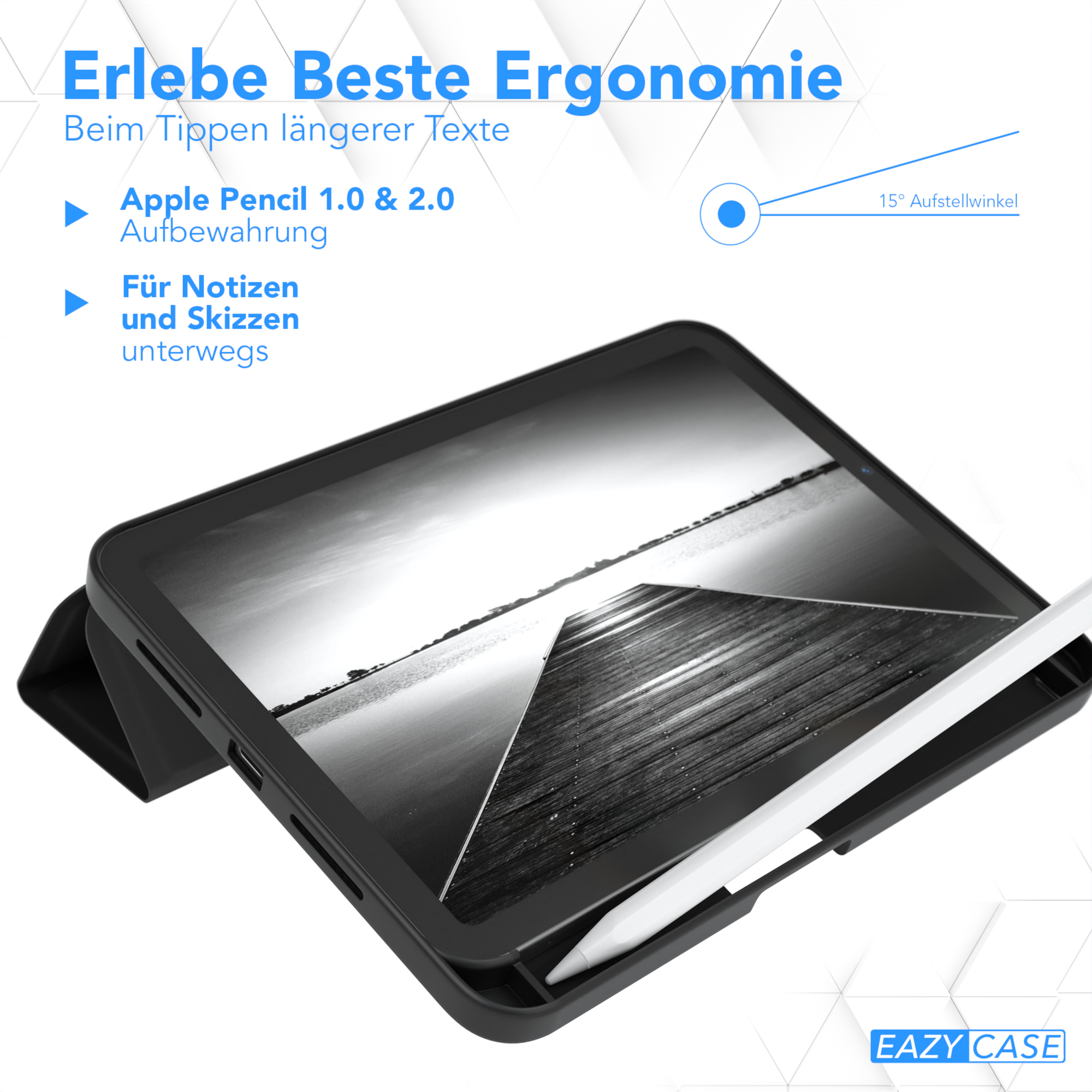 iPad in einem Case mit Stift und Stiftschlitz, mit deutschem Text zur Ergonomie.