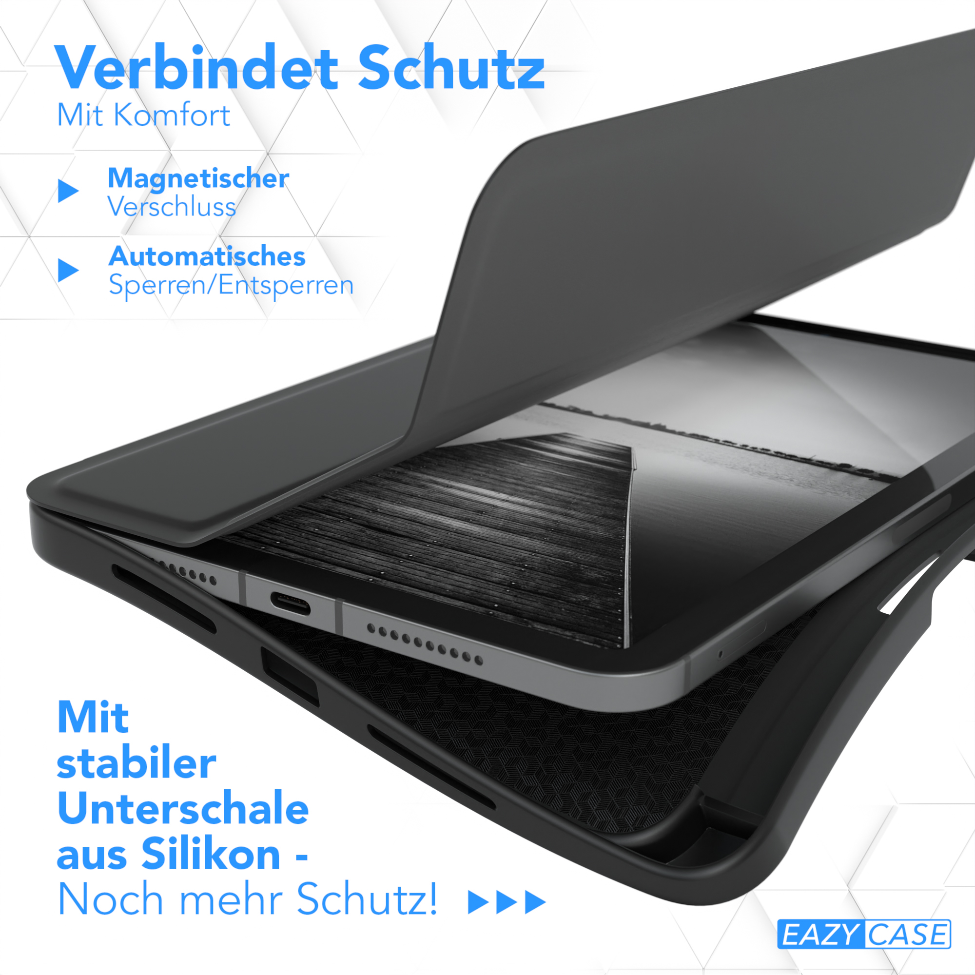 Eine schwarze Handyhülle mit Magnetverschluss. Die Hülle ist geöffnet und ein Telefon ist darin sichtbar.