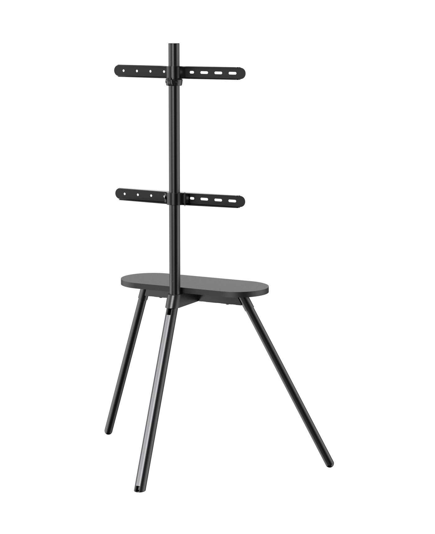 Zwarte tv-standaard met een tafel en poten.