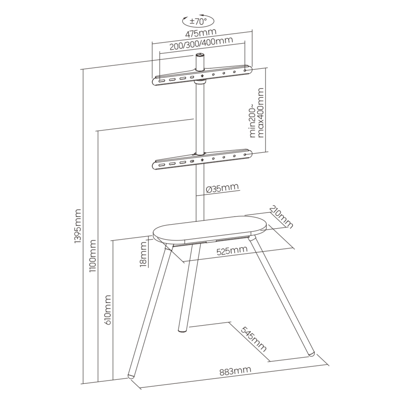Diagram van een tv-standaard met afmetingen. Het heeft een paal, twee planken en een voet.