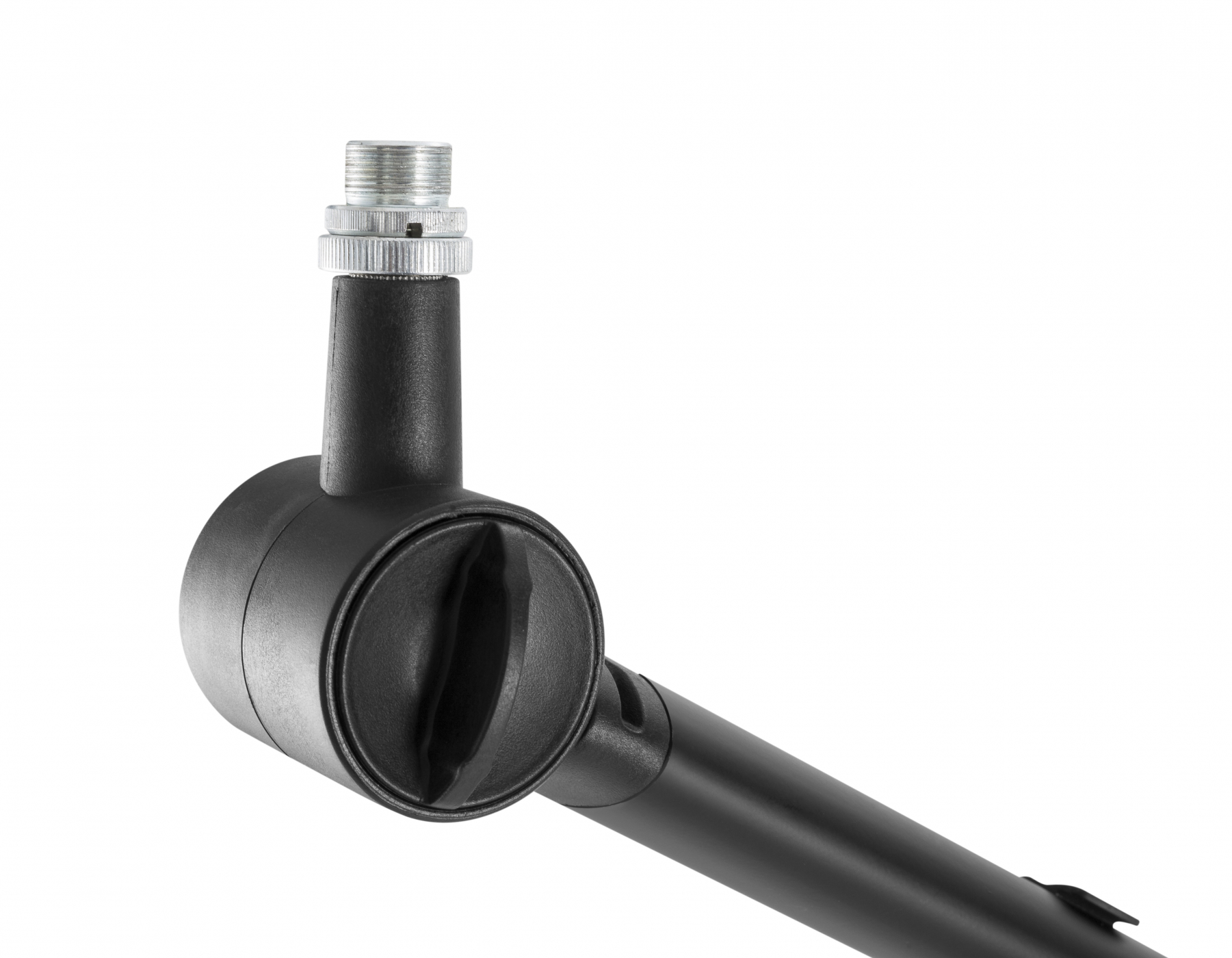 Schwarzer Mikrofonarm mit schwarzem Kugelgelenk und Stecker. Weißer Hintergrund.