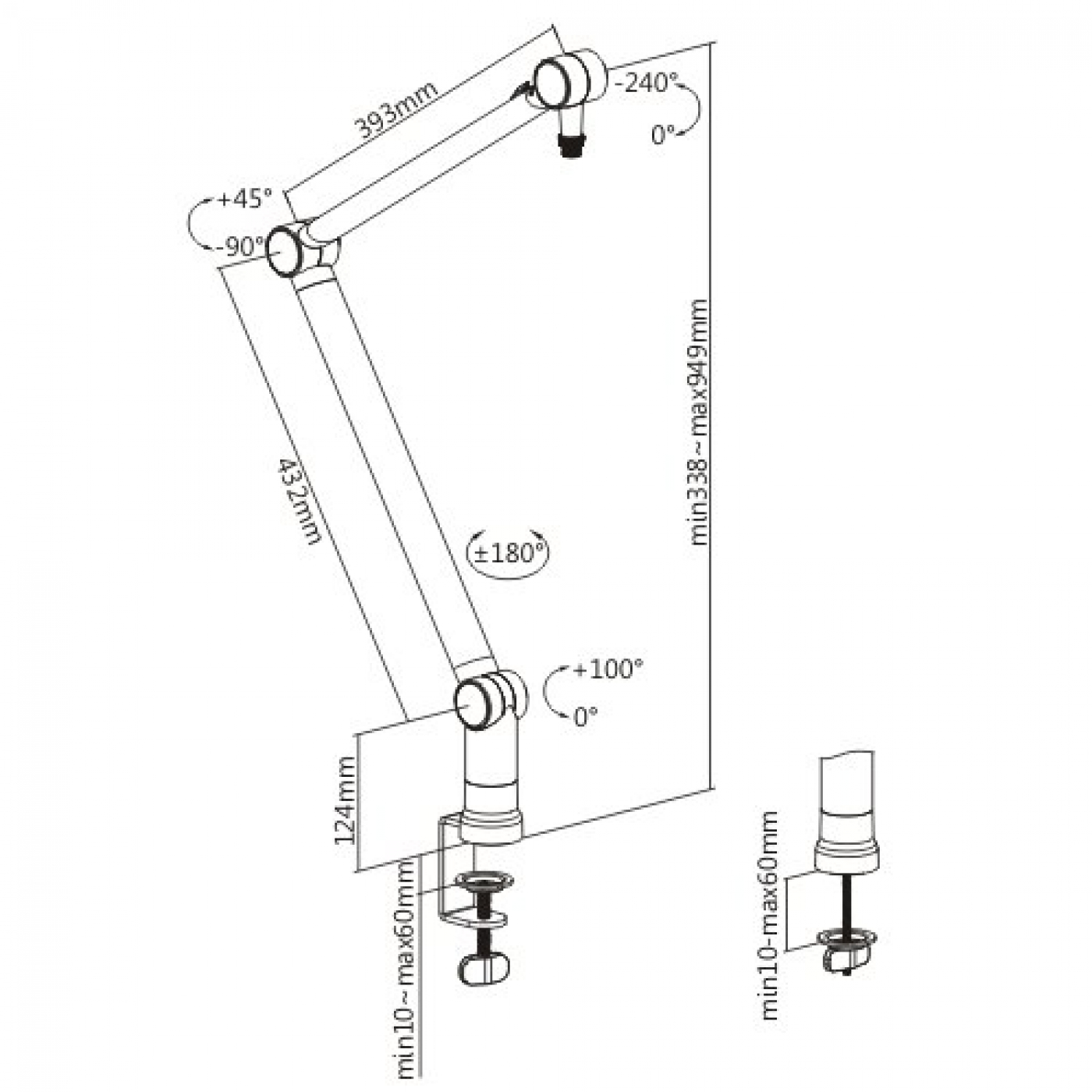 Technische Zeichnung eines Monitorarms mit Maßen.