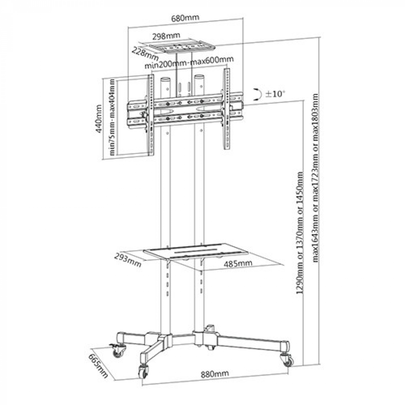 Zwart-wit diagram van een tv-standaard met afmetingen.
