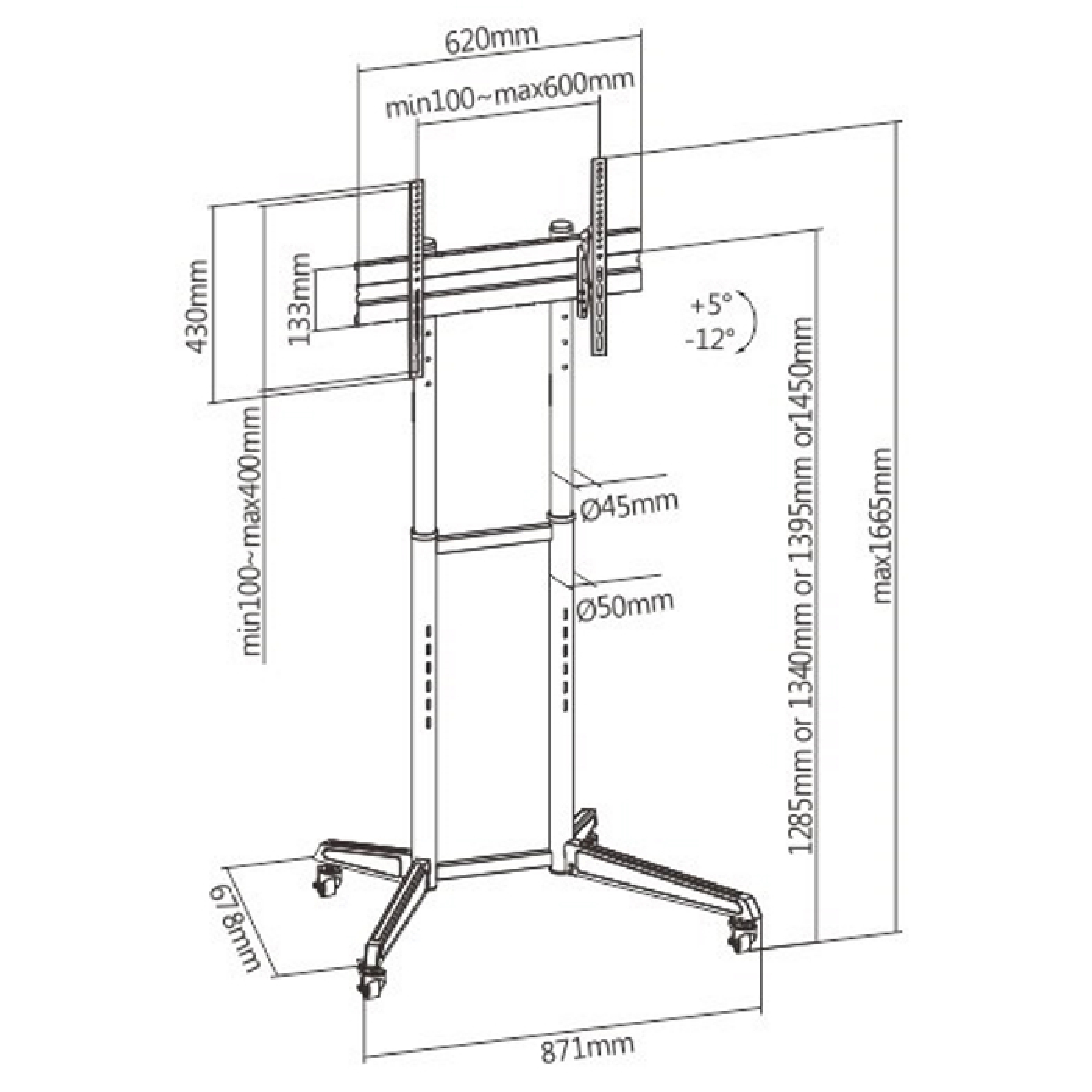 Diagram van een tv-standaard, met afmetingen en metingen voor verschillende onderdelen. Zwart-wit.