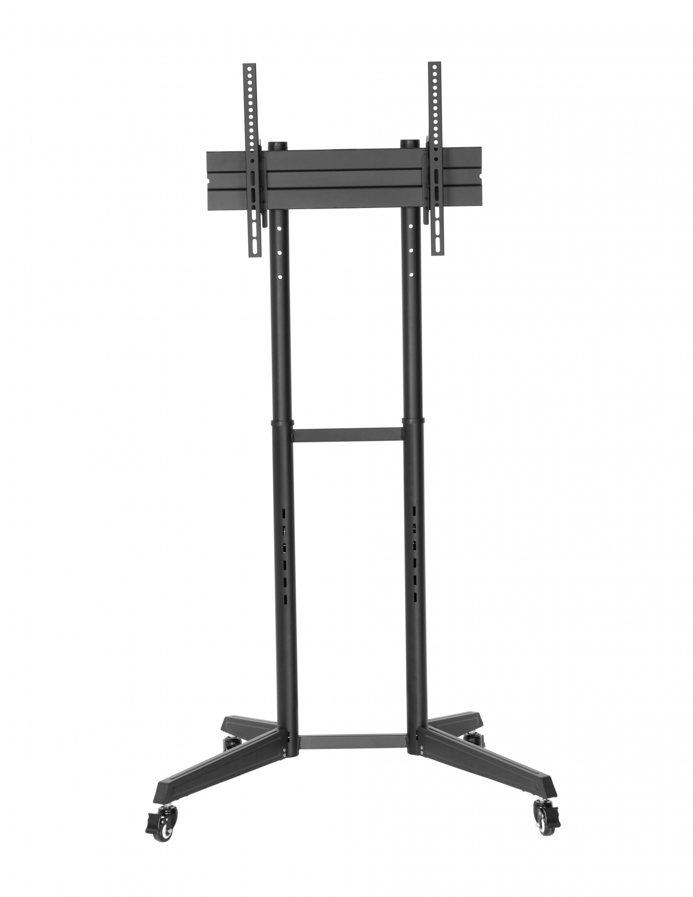 Een zwarte tv-standaard met wielen. De standaard heeft een verticaal frame en een beugel voor de tv.