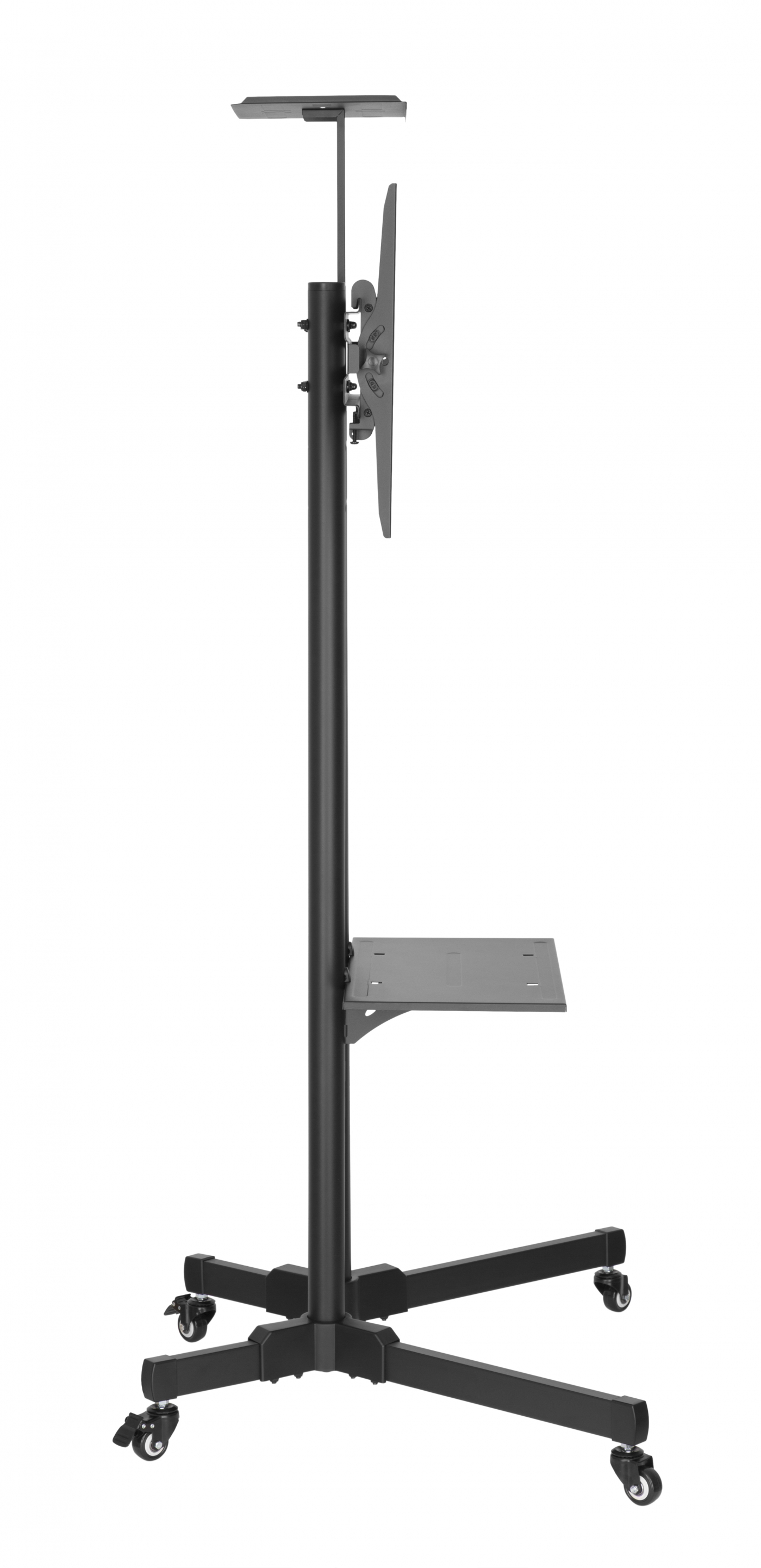 Zwarte metalen tv-standaard met verstelbare plank en wielen.