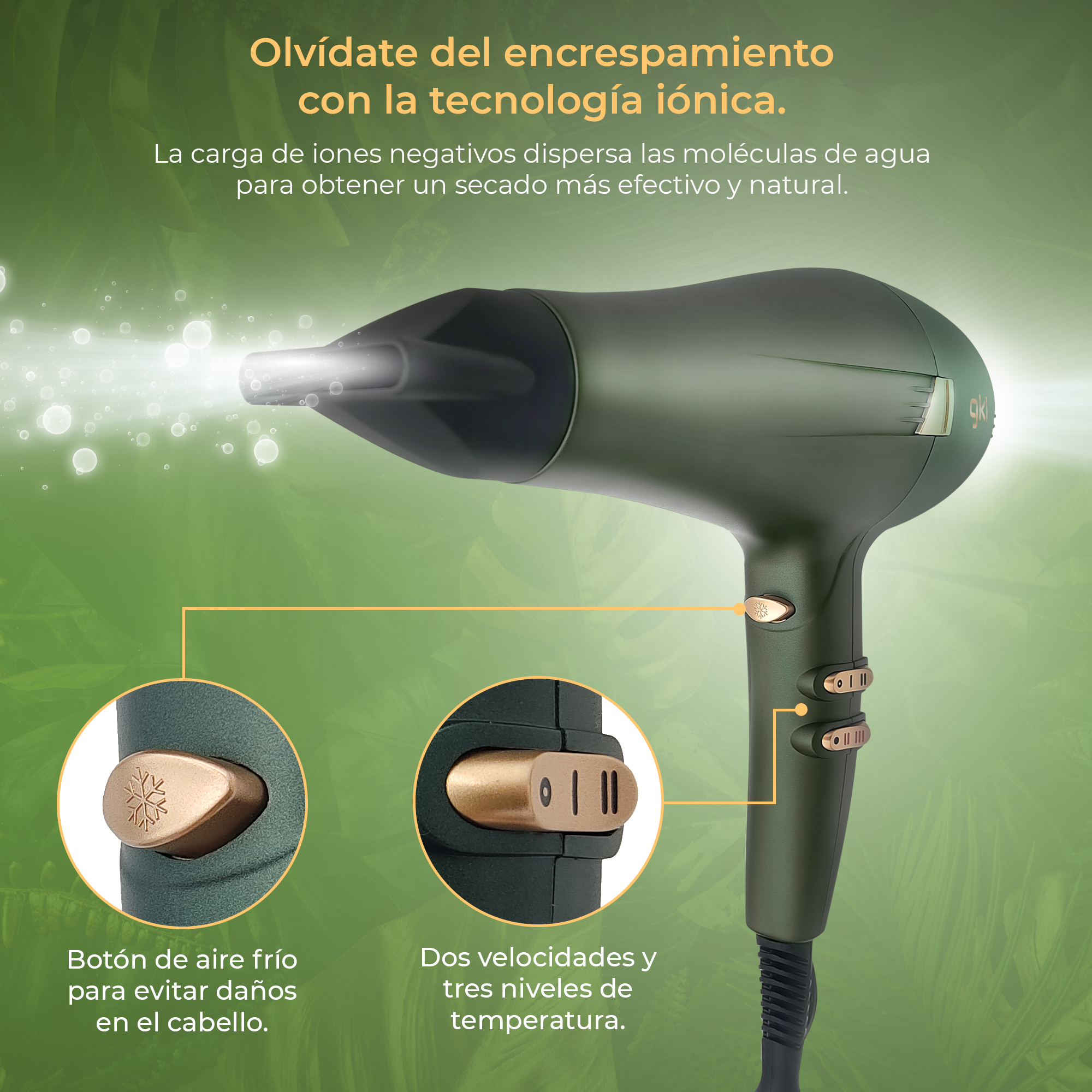 Un secador de pelo verde y dorado con botones y texto, y un primer plano de un botón.