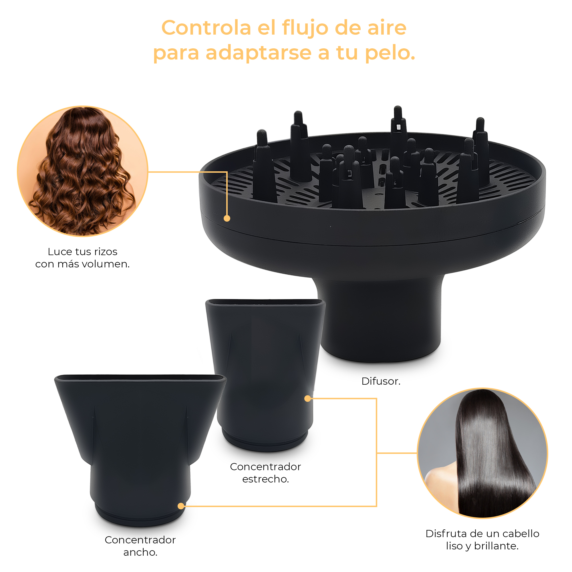 Secador de pelo negro con accesorios y texto en español.