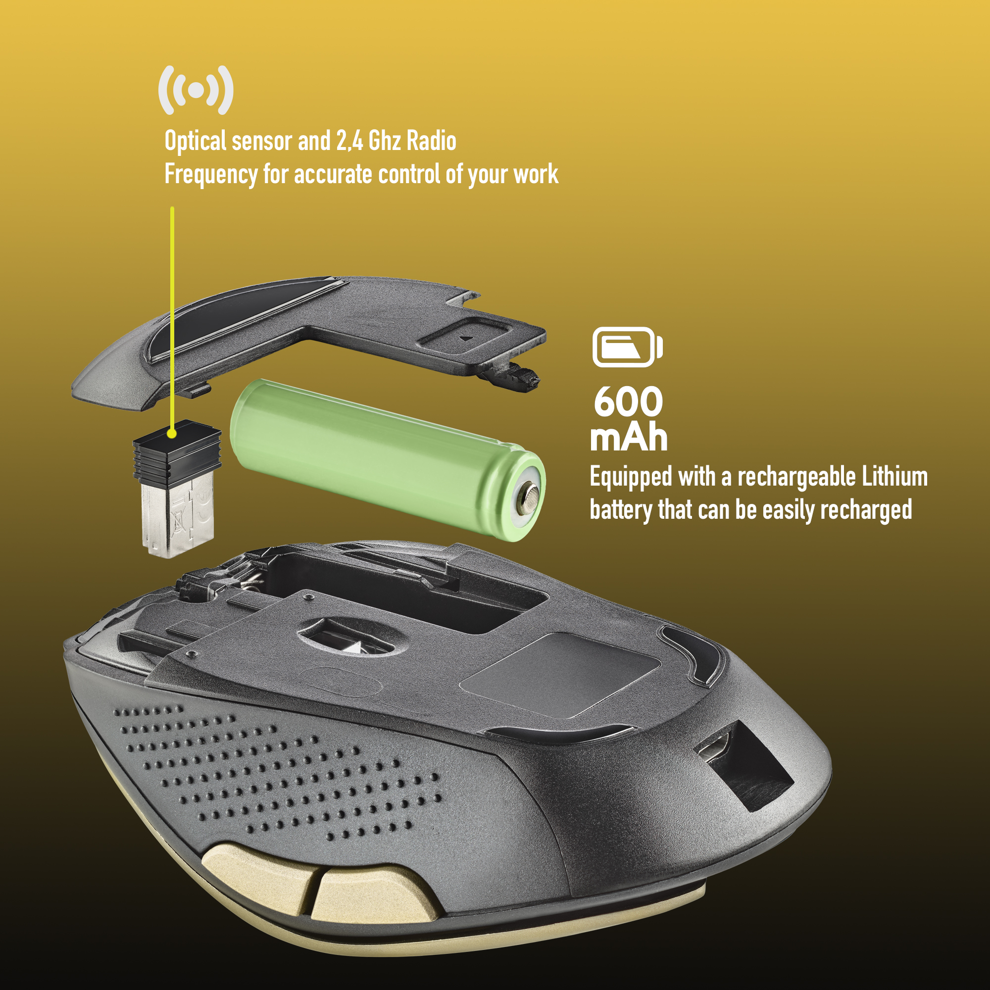 Widok rozłożony myszy bezprzewodowej, pokazujący elementy wewnętrzne i baterię.