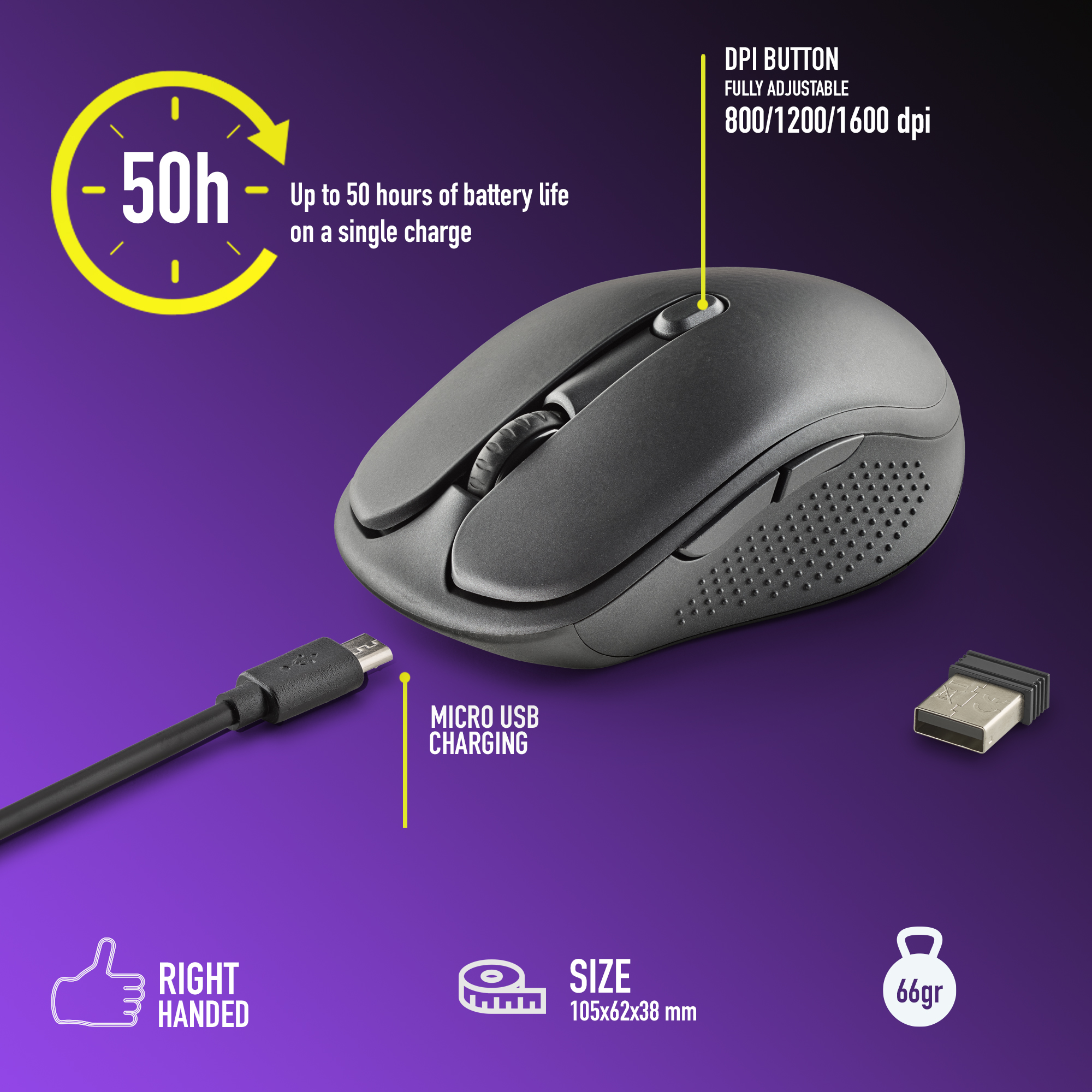 Czarna mysz komputerowa z kablem do ładowania i odbiornikiem USB, pokazująca żywotność baterii.