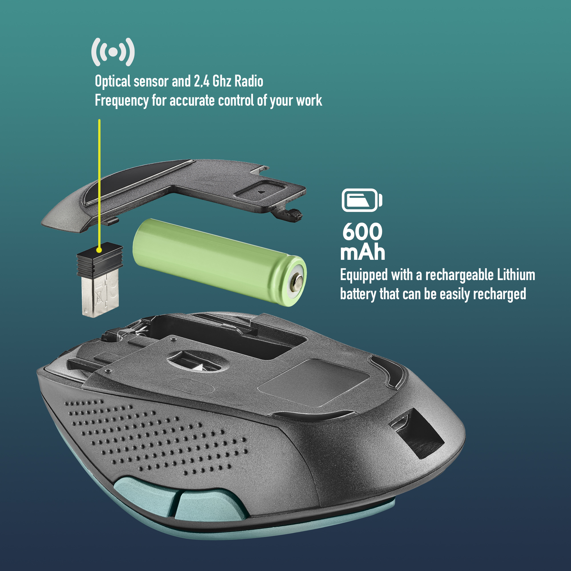 Rozłożona mysz z baterią, złączem USB i czujnikiem na tle niebieskiego gradientu.