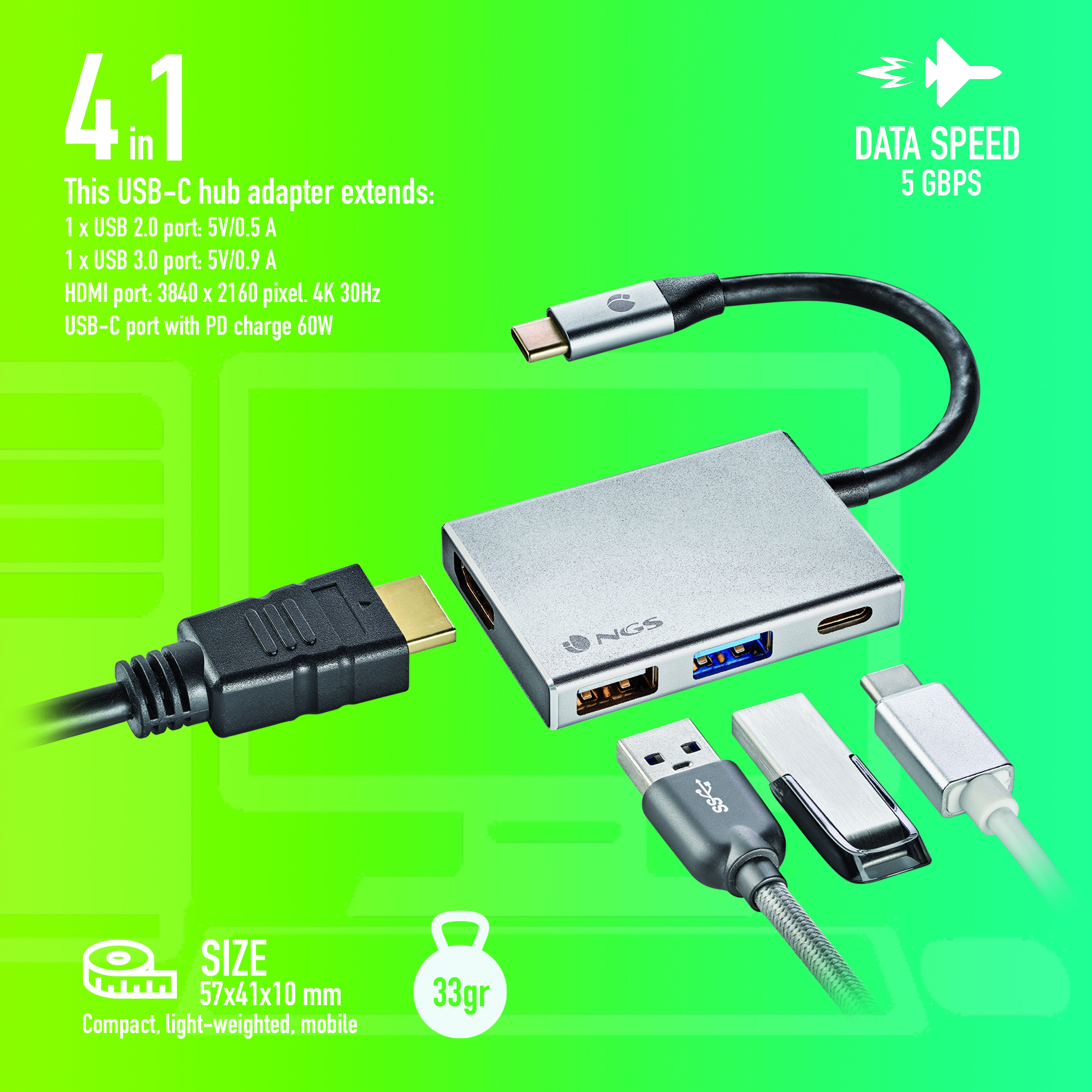 Ein silberner USB-C-Hub mit Anschlüssen, Kabeln und Text zur Datengeschwindigkeit.
