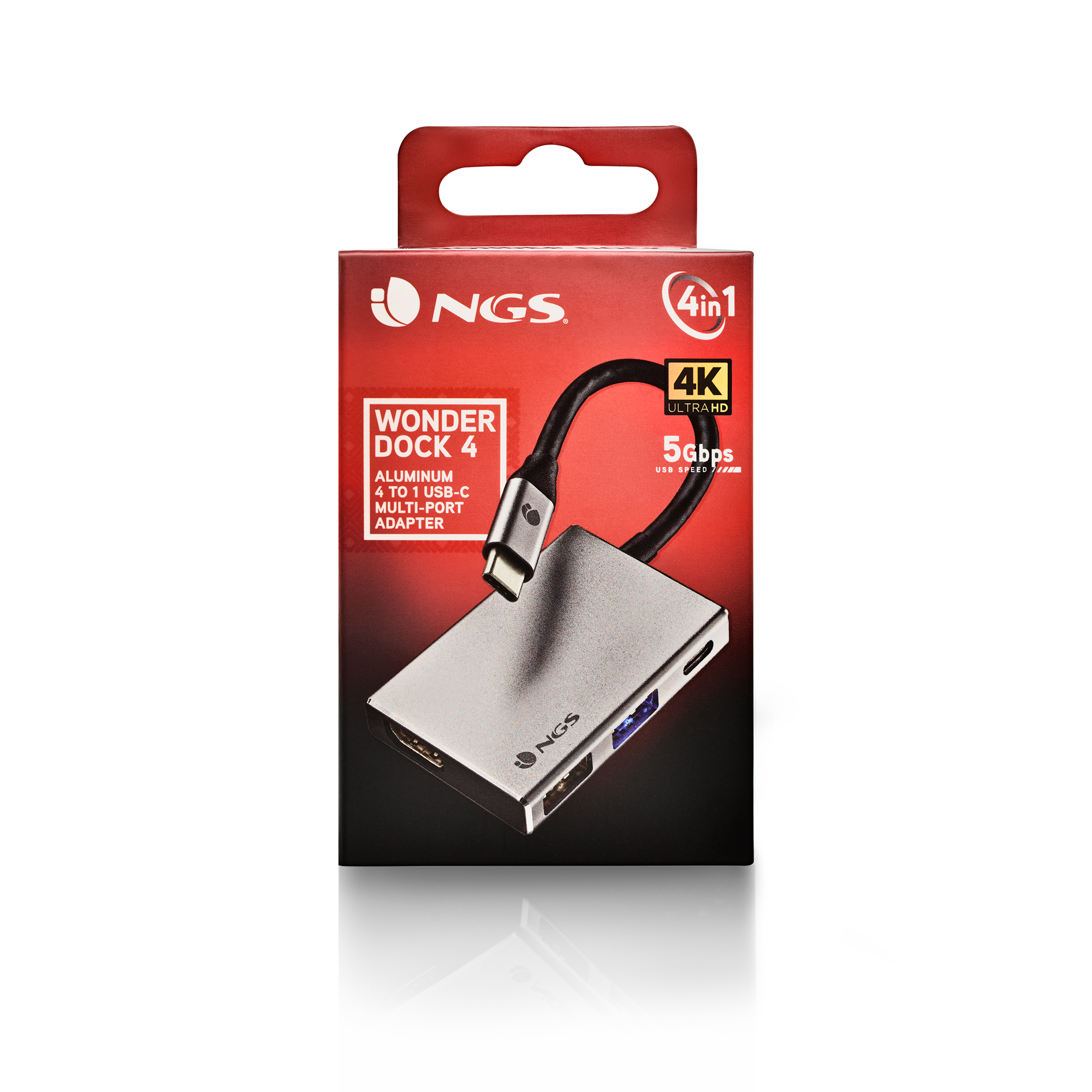 Schwarz-silberner 4-in-1 USB-C Multiport-Adapter in seiner Verpackung, 4K Ultra HD, 5 Gbit/s.