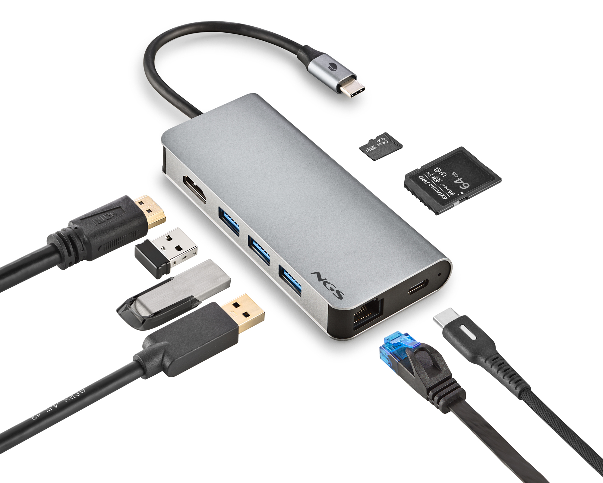 Ein silberner Hub mit USB-, HDMI- und Ethernet-Anschlüssen, mit verschiedenen Kabeln und Speicherkarten.
