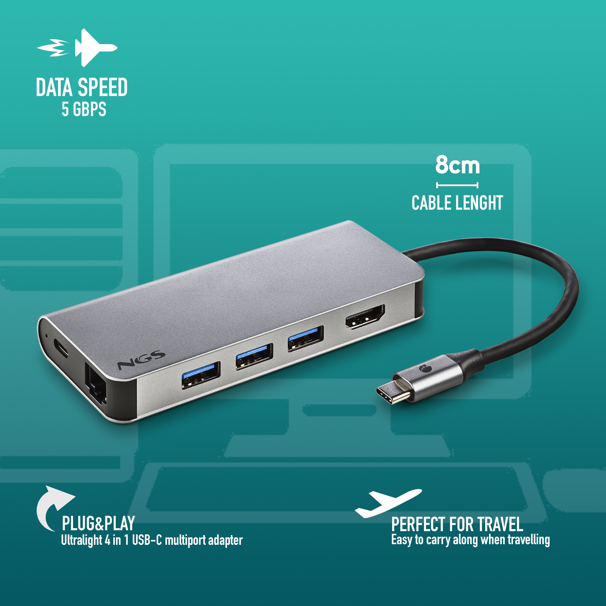 Silberner USB-C-Multiport-Adapter mit mehreren Anschlüssen und 8 cm Kabel. Datengeschwindigkeit 5 Gbit/s. Perfekt für Reisen.