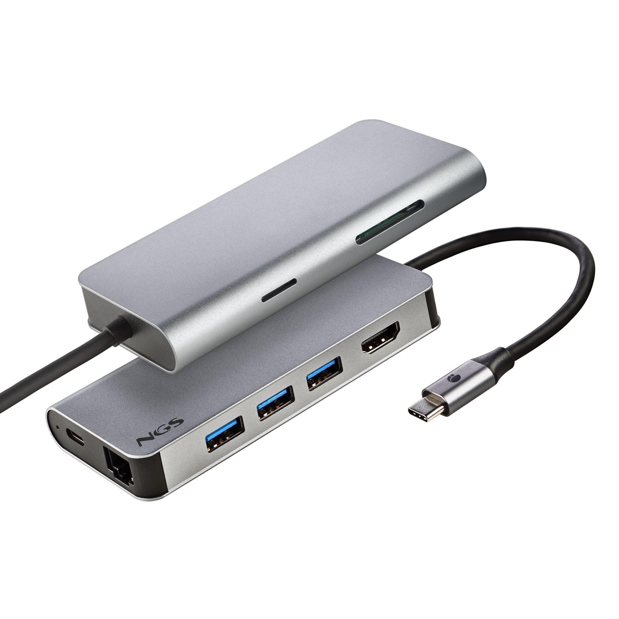 Silberner USB-Hub mit mehreren Anschlüssen, verbunden mit einem schwarzen Kabel, mit dem Markennamen 'NGS'.