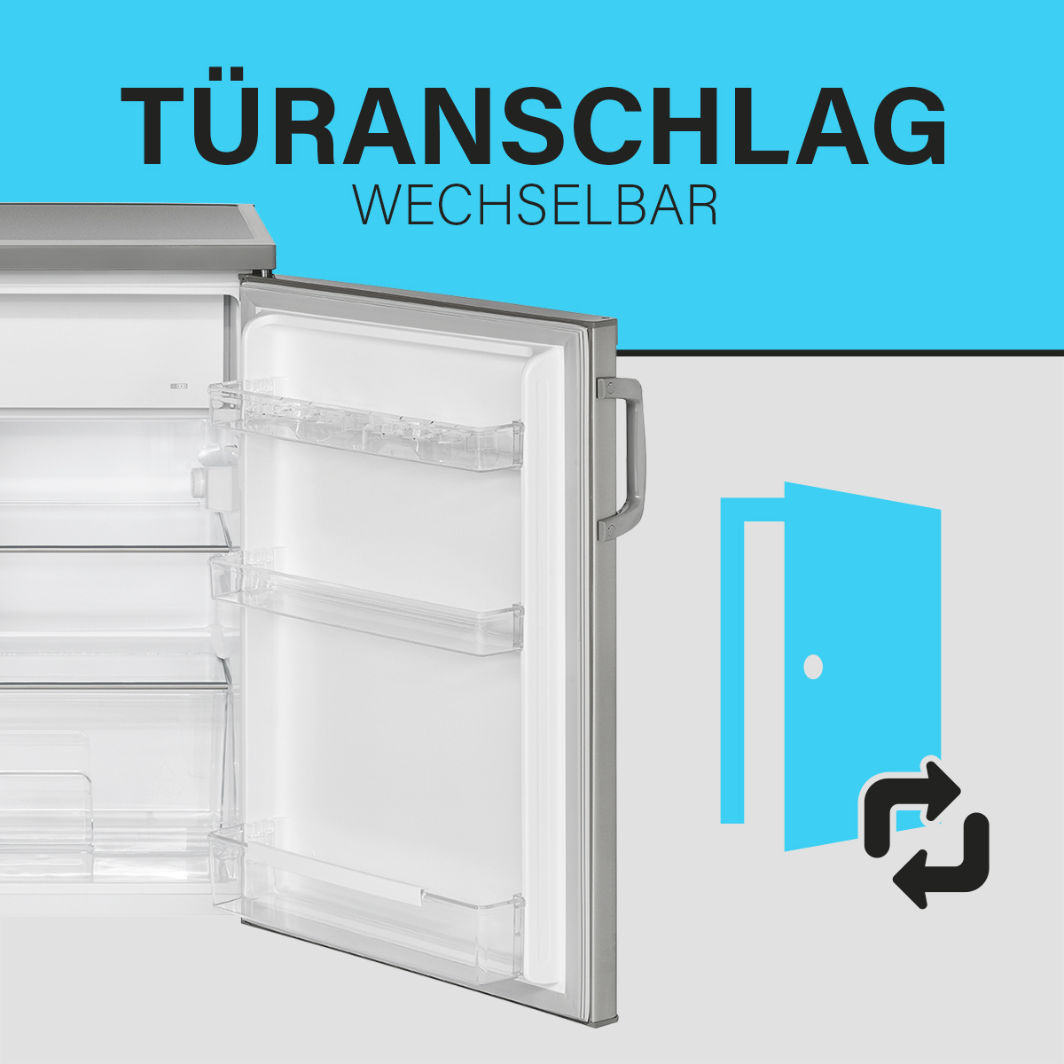 Kühlschrank mit offener Tür, zeigt Regale. Text: Türanschlag wechselbar. Blaue Grafik der Tür.