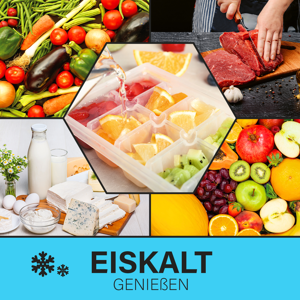 Eine Collage mit Früchten, Gemüse, Käse, Fleisch und Eis.