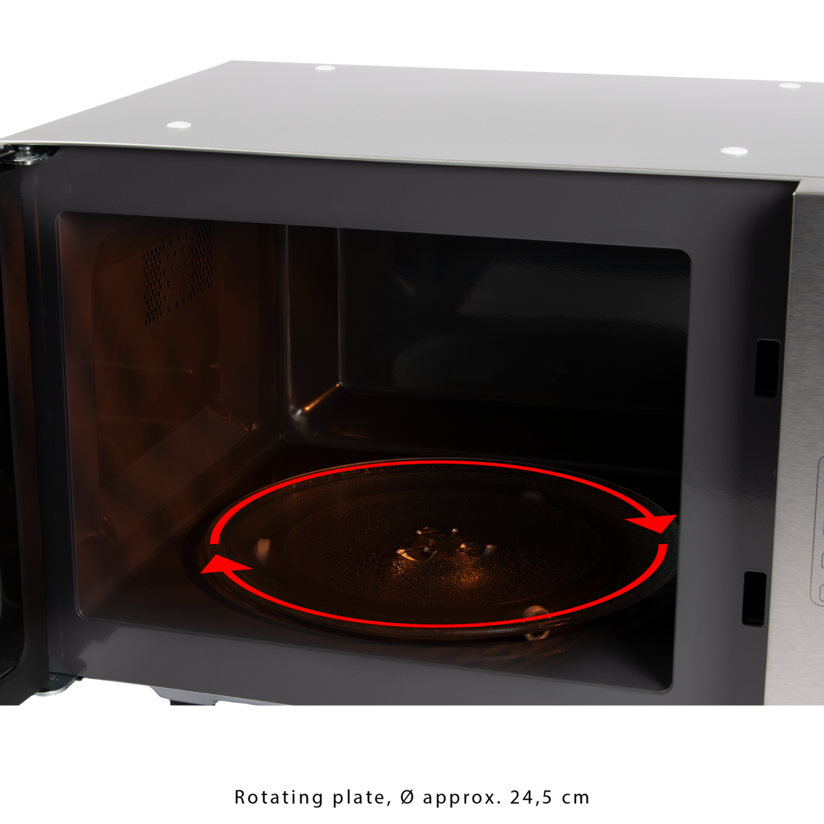 Wnętrze kuchenki mikrofalowej z obracającym się szklanym talerzem i czerwonymi strzałkami wskazującymi obrót.