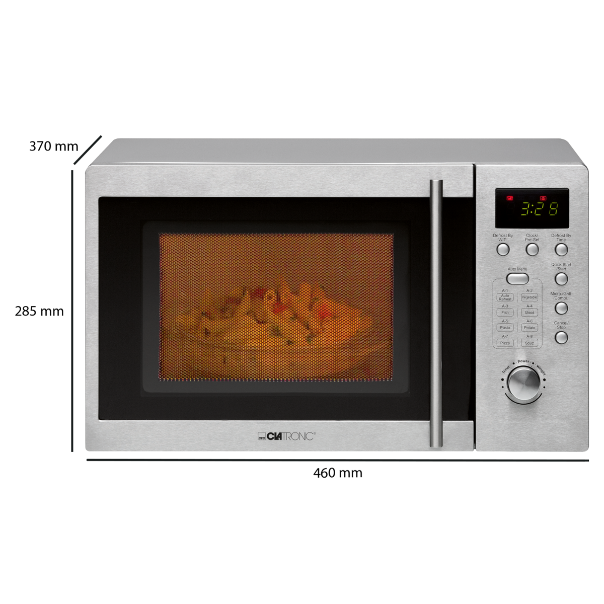 Srebrna kuchenka mikrofalowa z wymiarami i podświetlanym wnętrzem z jedzeniem.