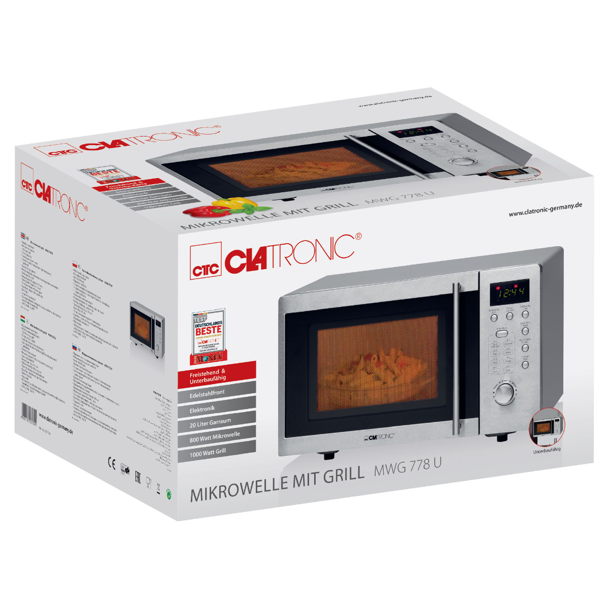 Kuchenka mikrofalowa w pudełku, ze zdjęciem jedzenia w środku.