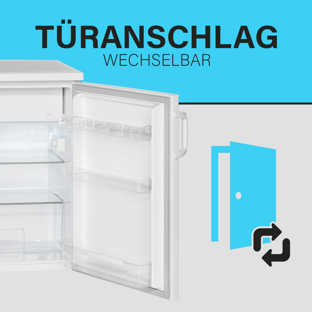 Eine Kühlschranktür geöffnet. Die Tür ist weiß und hat Regale. Ein blaues Türikone wird gezeigt.