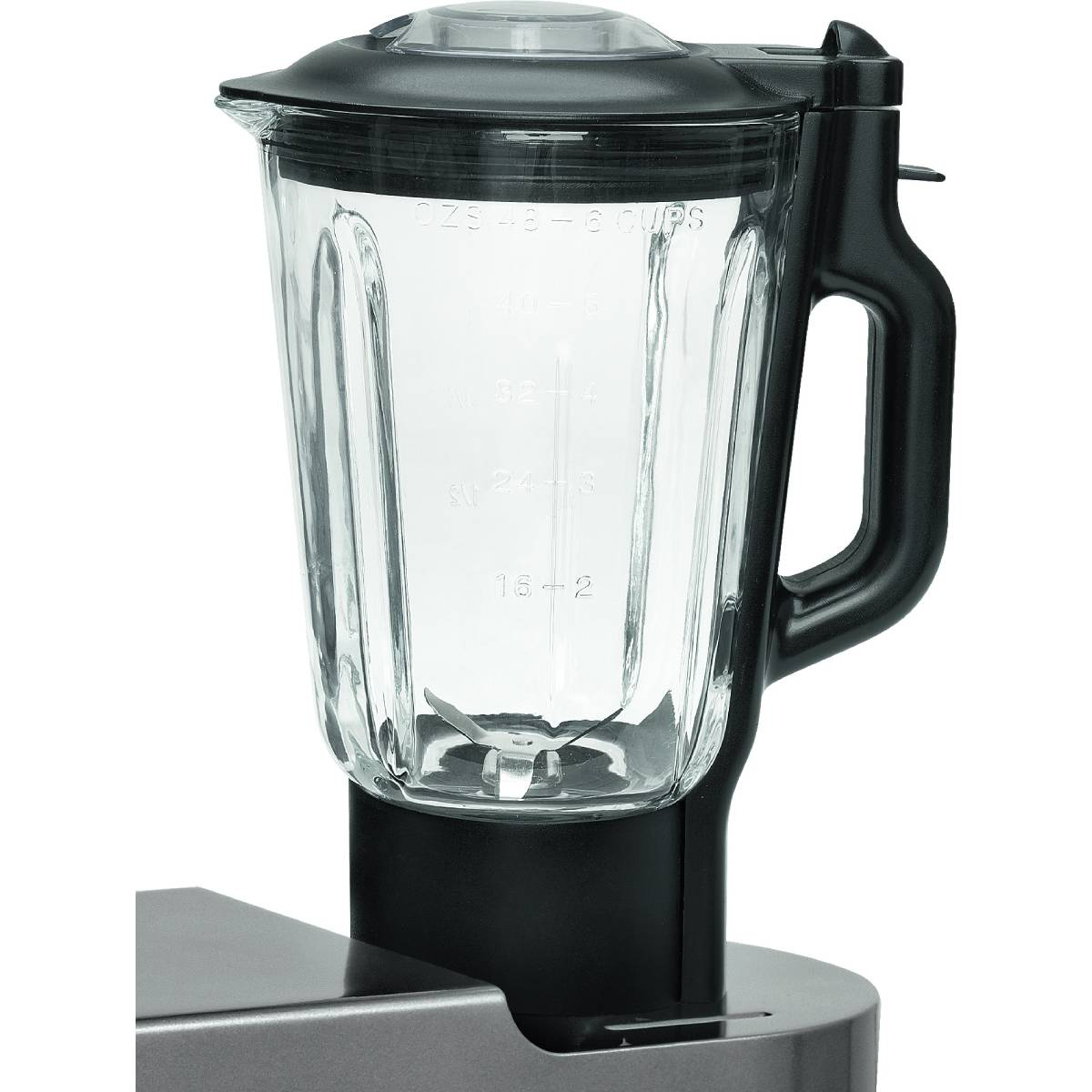 Podstawa blendera ze szklanym dzbankiem, dzbanek ma miarki i ostrze w środku.