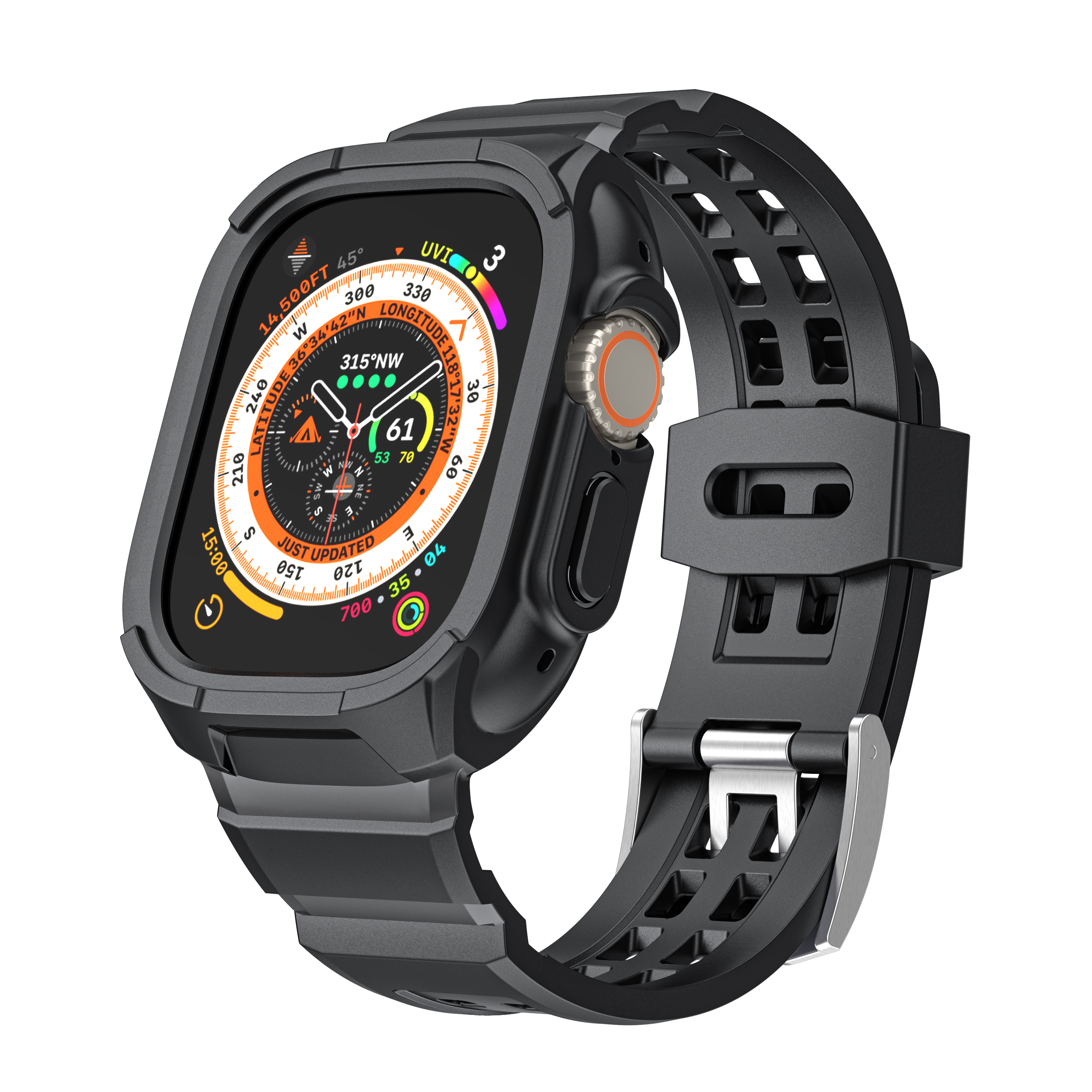 Eine schwarze Smartwatch mit schwarzem Armband. Der Bildschirm zeigt eine farbenfrohe Oberfläche.