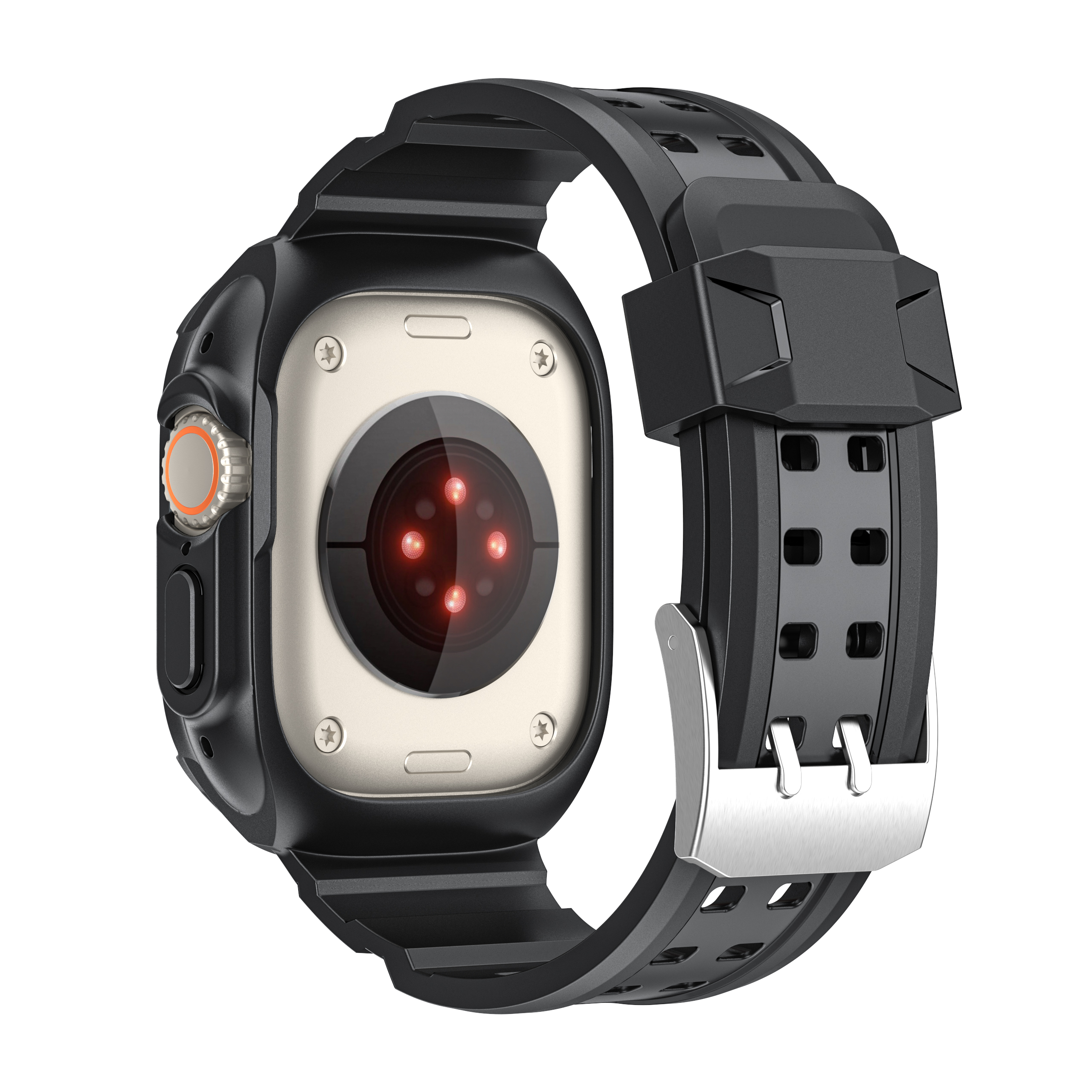 Schwarze Smartwatch mit schwarzem Armband und silberner Schließe. Die Uhr hat einen runden Bildschirm mit roten Punkten.