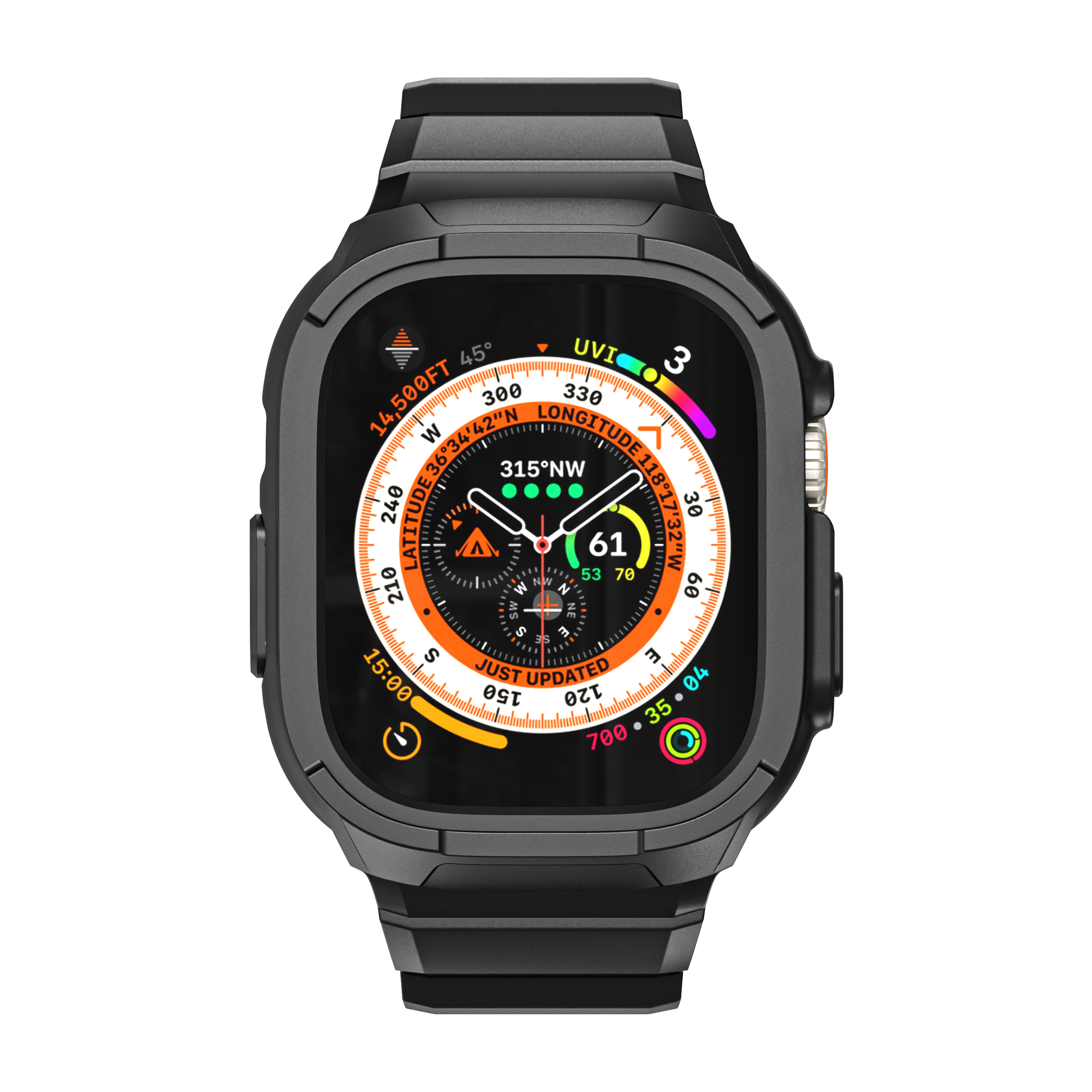Schwarze Smartwatch mit digitaler Anzeige, die Zeit, Kompass und andere Daten auf weißem Hintergrund zeigt.