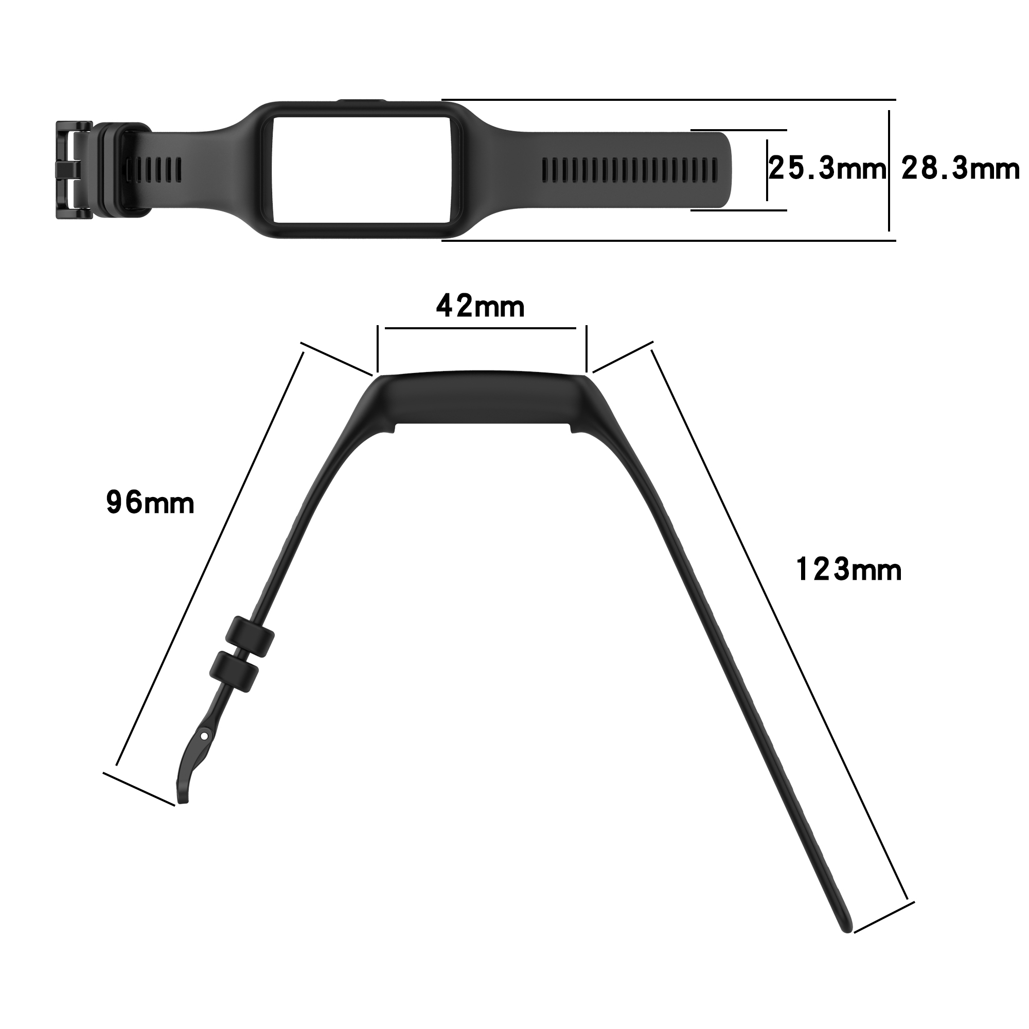 Schwarzes Smartwatch-Armband mit in mm angegebenen Abmessungen. Schnalle und Stift sind an einem Ende.