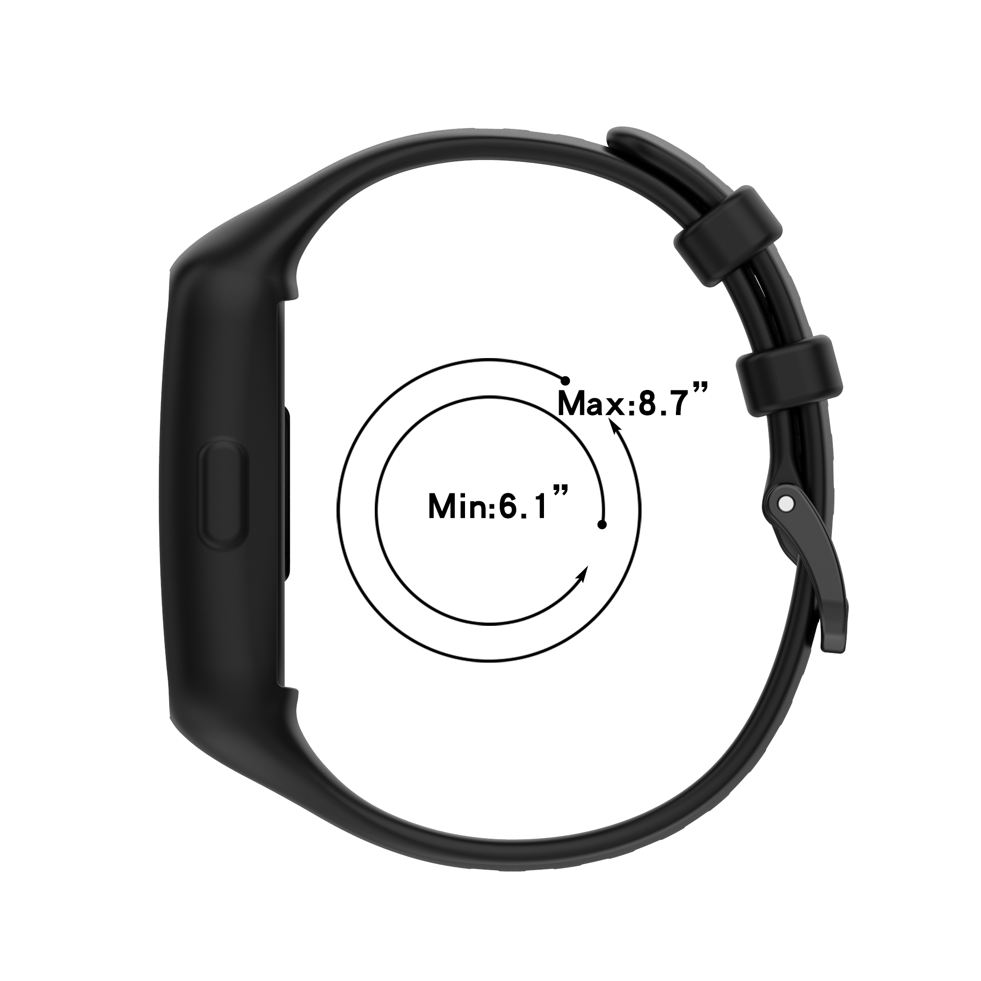 Schwarze Smartwatch mit Größenangaben.