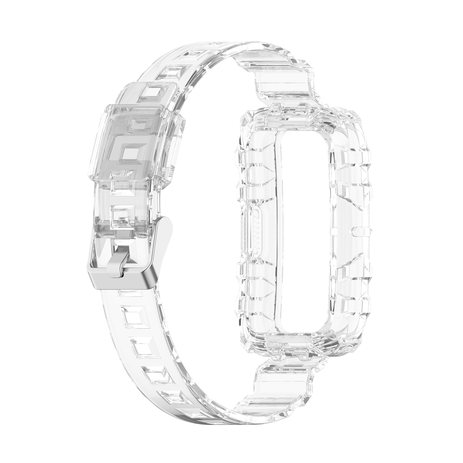 Ein transparentes Uhrenarmband. Zeigt den Verriegelungsmechanismus.