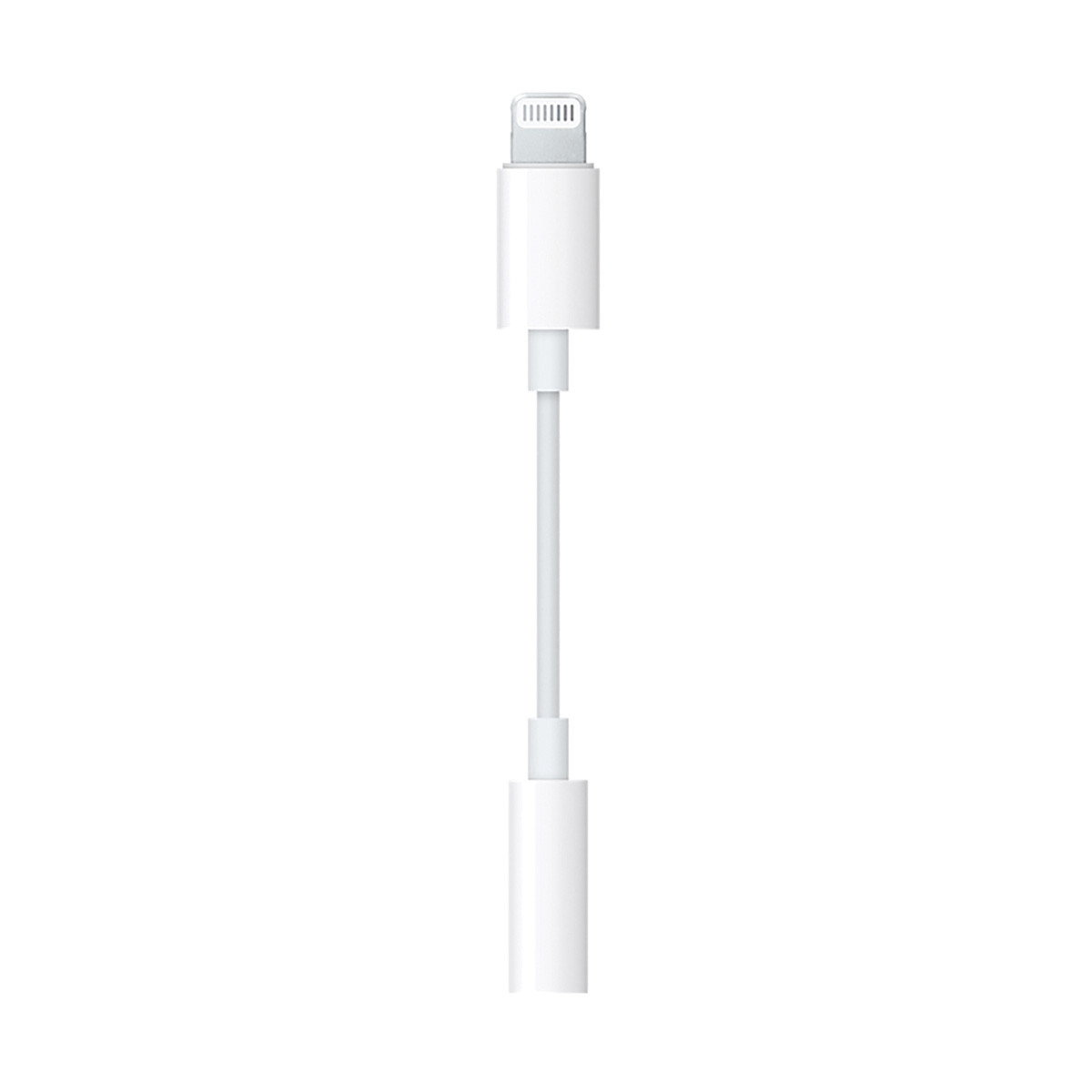 Un adaptador de conector de auriculares Lightning a 3,5 mm de Apple blanco sobre un fondo blanco.