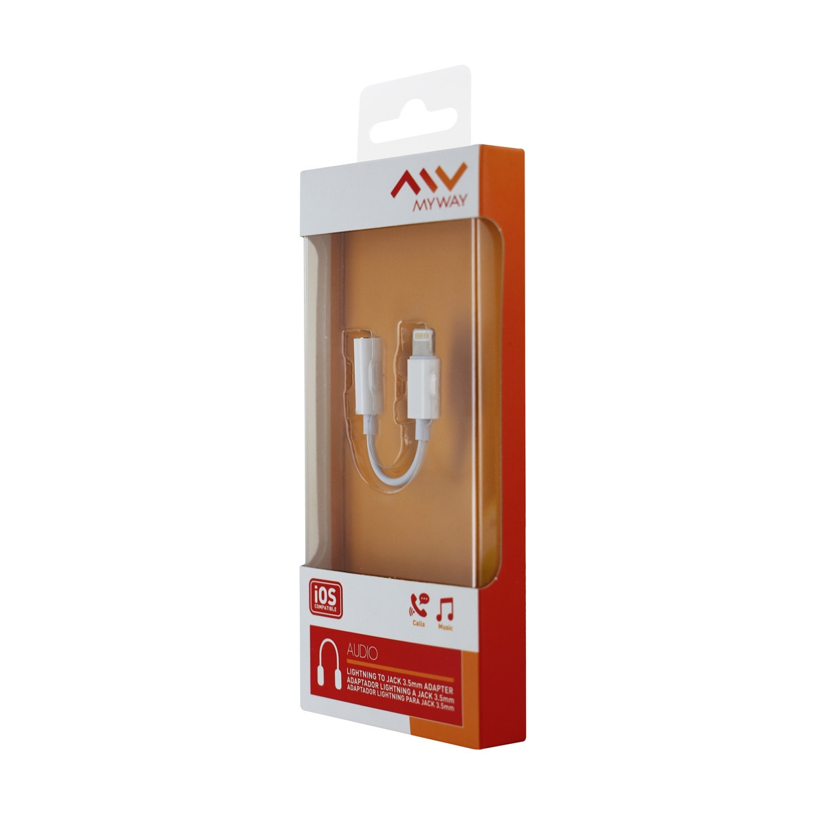 Adaptador de audio de Lightning a 3,5 mm con carcasa blanca. Está dentro de un paquete de plástico transparente.